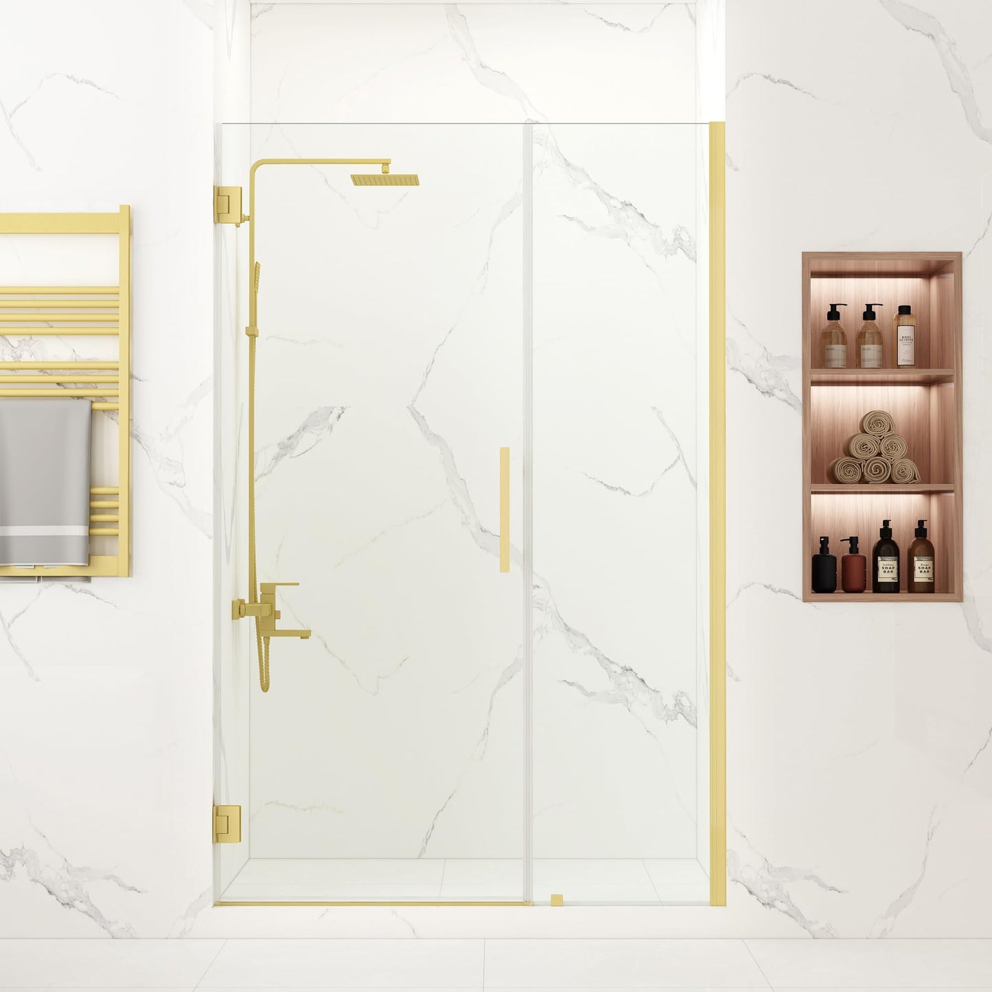Bathlink 43-44" W x 76" H Frameless Pivot Shower Door, Pivot Swing Shower Door with Clear Tempered Glass 5/16"(8mm), Reversible, Brushed Gold Finish, Magnetic Closing