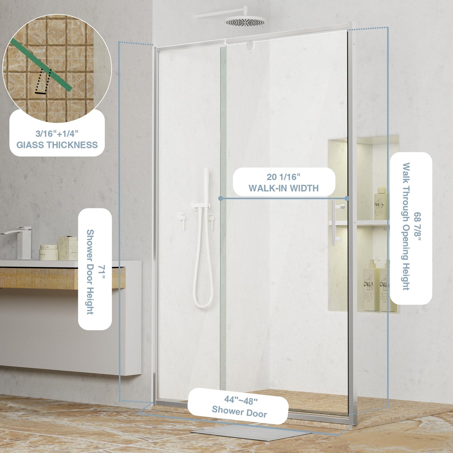 44-48" W x 71" H Pivot Swing Glass Shower Door, 1/4"(6mm) Clear Tempered Glass Pivot Frame Sliding Shower Door, Quiet-Close, Reversible Installation, SGCC Certified (Chrome-Pivot-B, 48''W x 71''H)