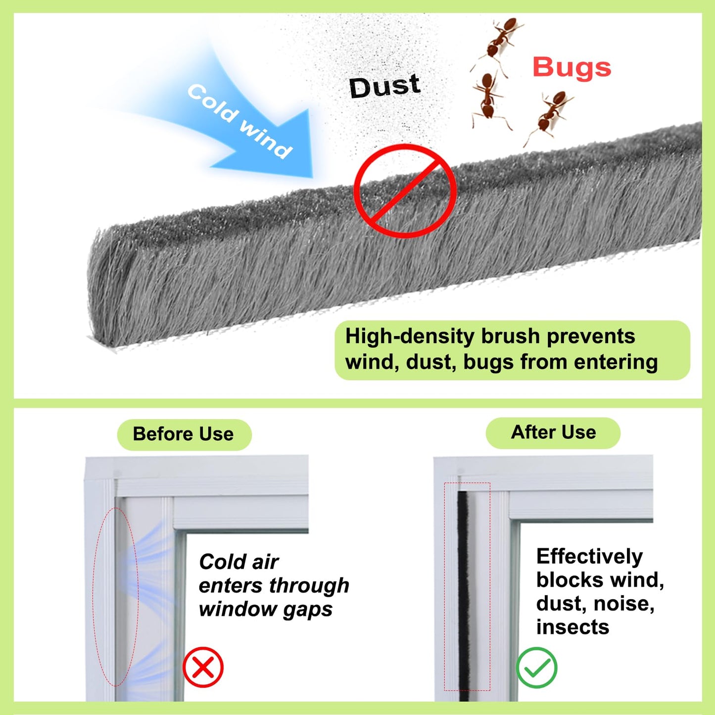ZOMPAGO Strong Adhesive Brush Weather Stripping 0.9in (T）x 0.4in (W) x 33FT, Grey, Door Seal for Sliding Windows & Doors, Soundproof Noise Blocker, Draft Stopper for Garage Door Frame & Exterior Doors
