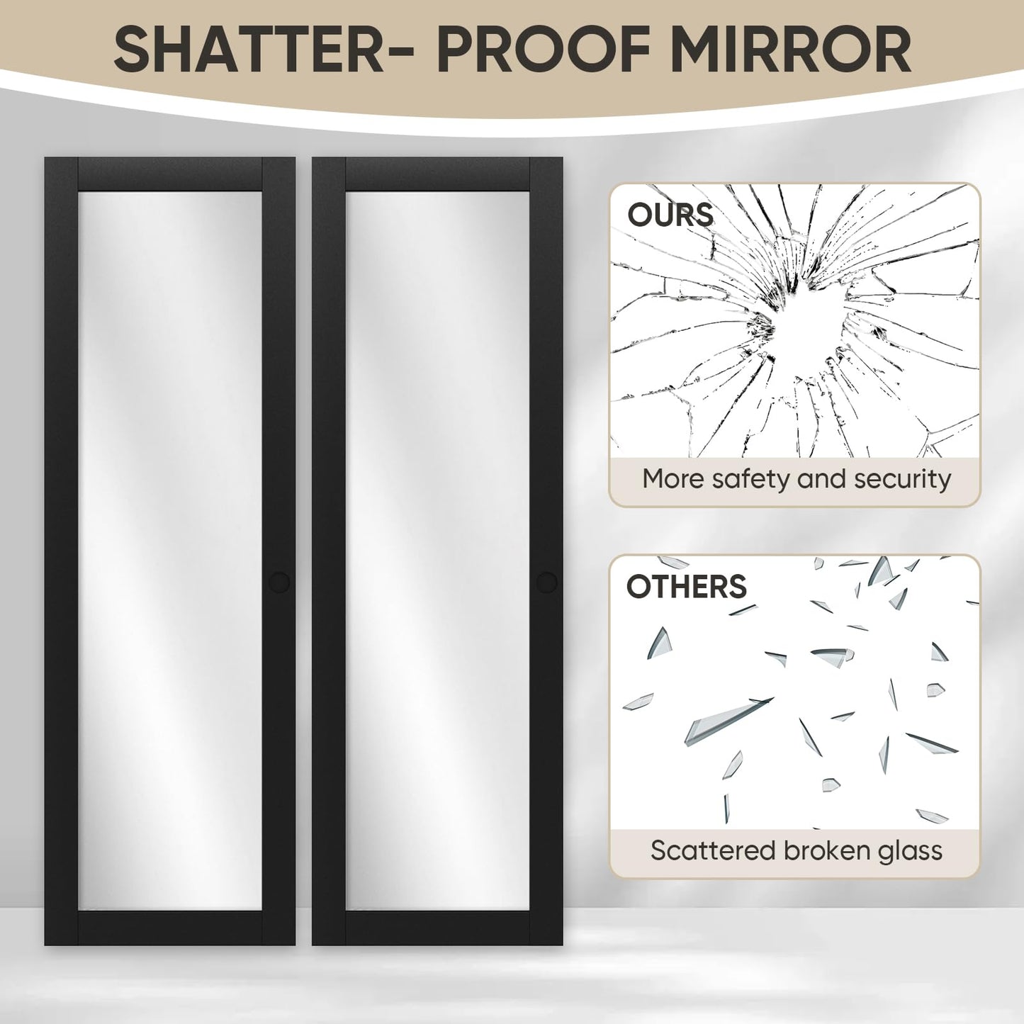 JUBEST 60" x 80" Mirror Closet Door, Preassembled One Side Mirror Door with Hardware Kit & Matching Fascia, Solid Wood Frame with Water-Proof PVC Surface, Easy to Install, Black