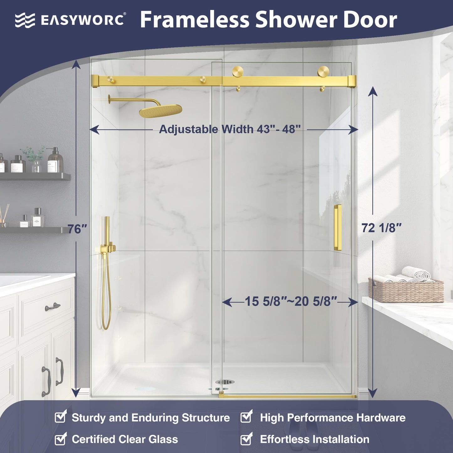 EASYWORC Frameless Shower Door, 43-48" W x 76" H Sliding Glass Shower Door, 1/4''(6mm SGCC Tempered Glass with Explosion-Proof Film Nano Coating in Brushed Gold Finish