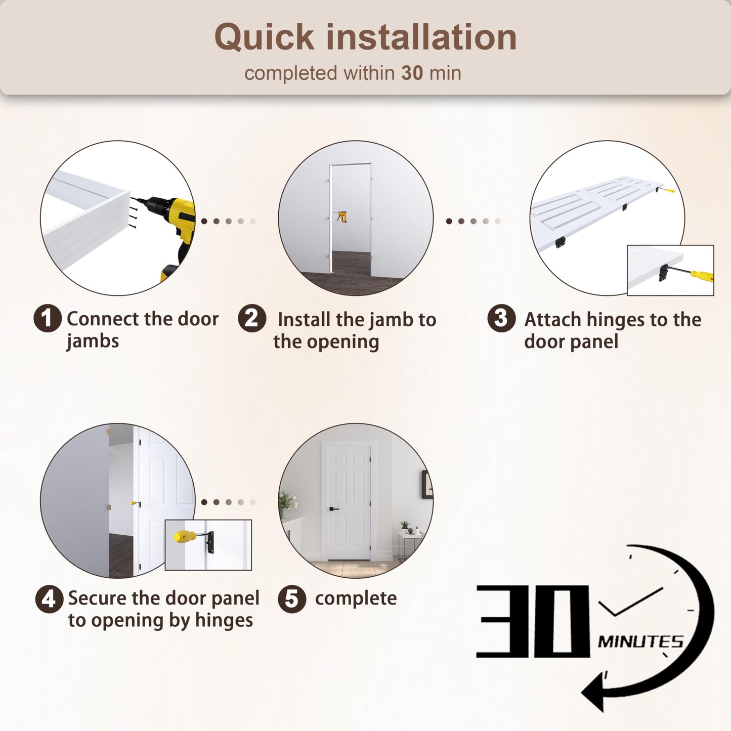 JUBEST 30"x80" Left-Hand Prehung Interior Door with Knock Down Jamb Kit & Matte Black Hinges, 6-Panel White Primed Hollow Core Molded Door Slab with Bore & Hinge Cutout, Durable & Sturdy, No Handle