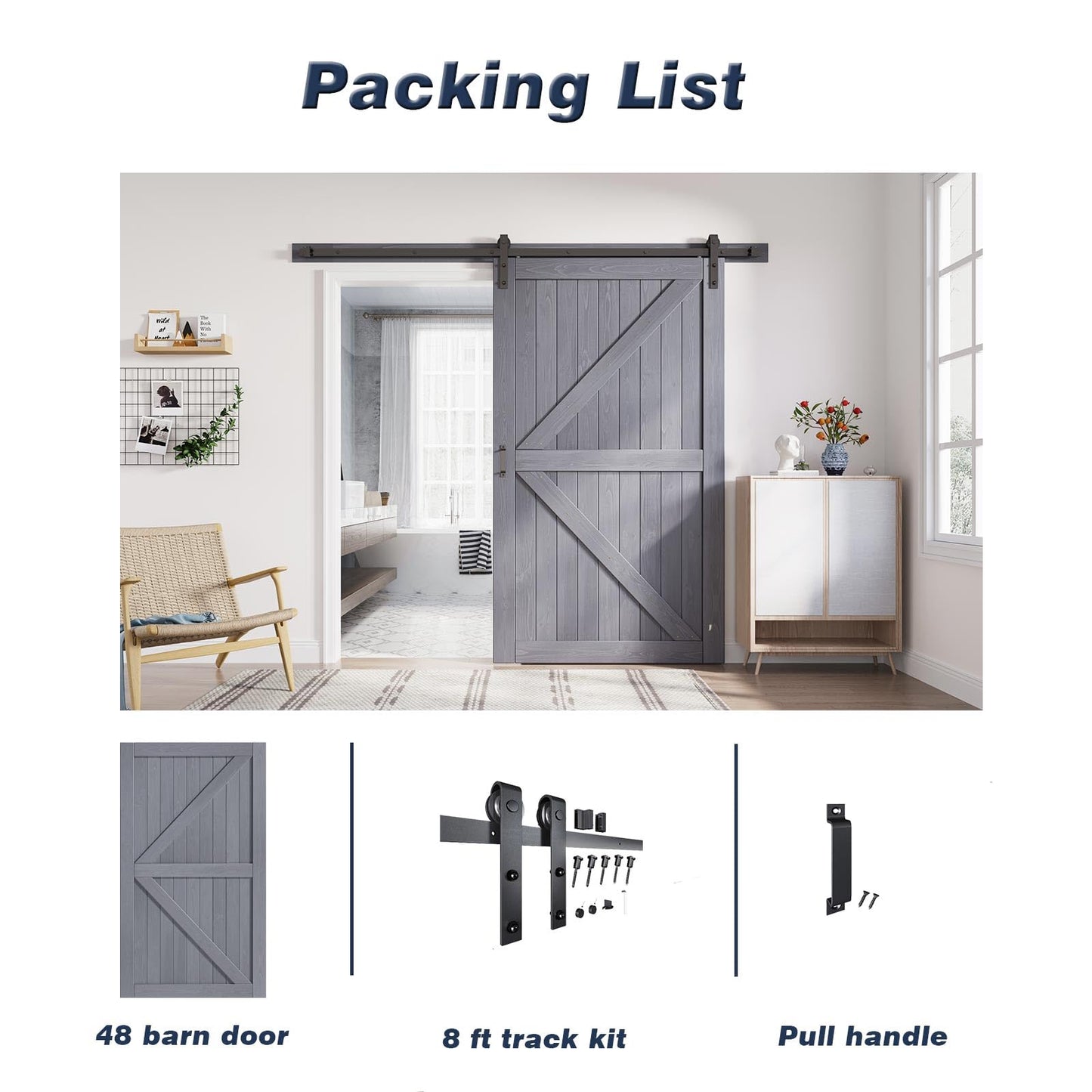 FREDBECK 48in x 84in Gray Wood Barn Door Slab with 8ft (96inch) Barn Door Hardware Track Kit Included, Double Surfaces,Simple Assembly is Required,K-Frame,Grey