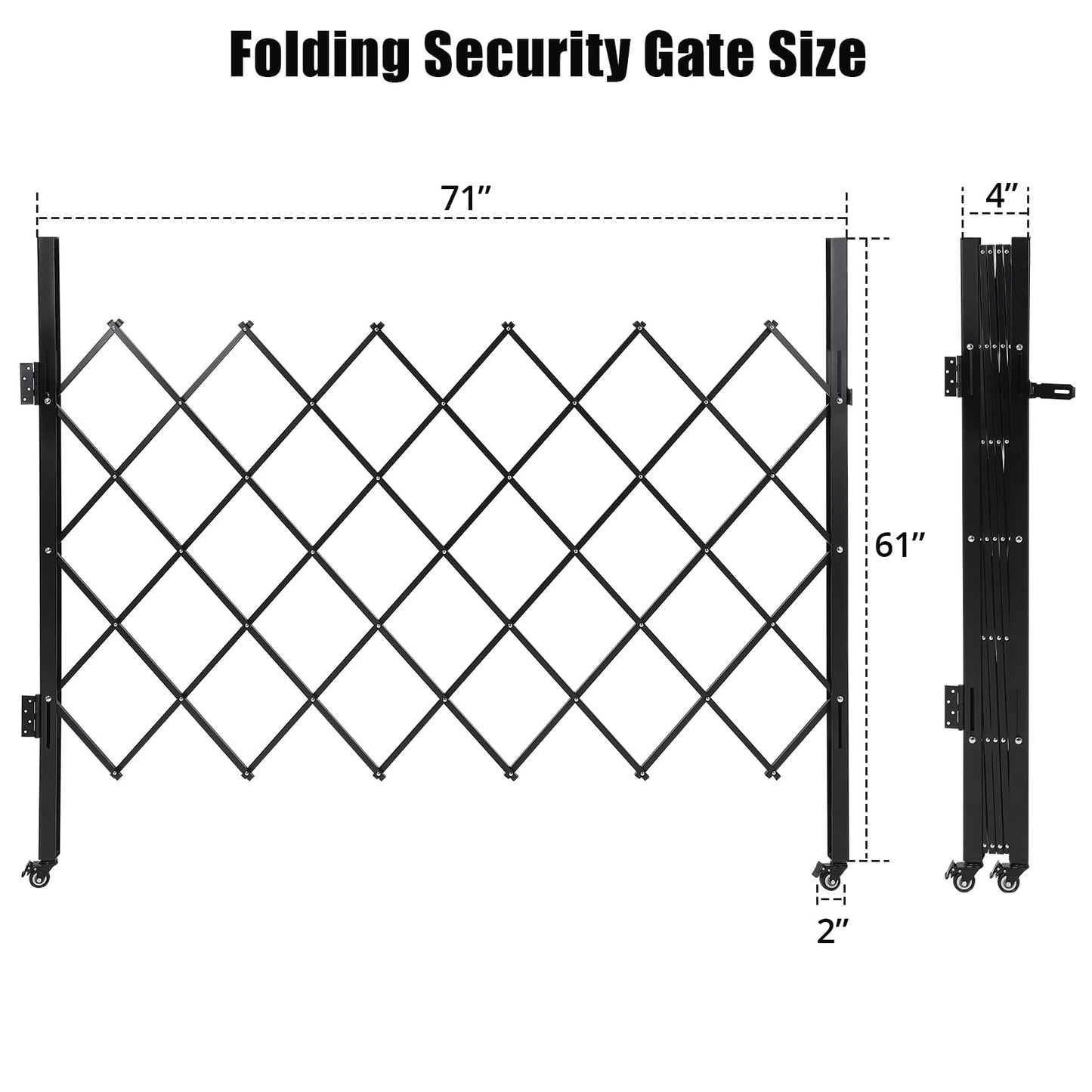 Scissor Gate 71" W x 61" H Folding Security Door Gates, Flexible Expanding Security Door - Steel Accordion, 360° Rolling Wheels with Padlock, Black