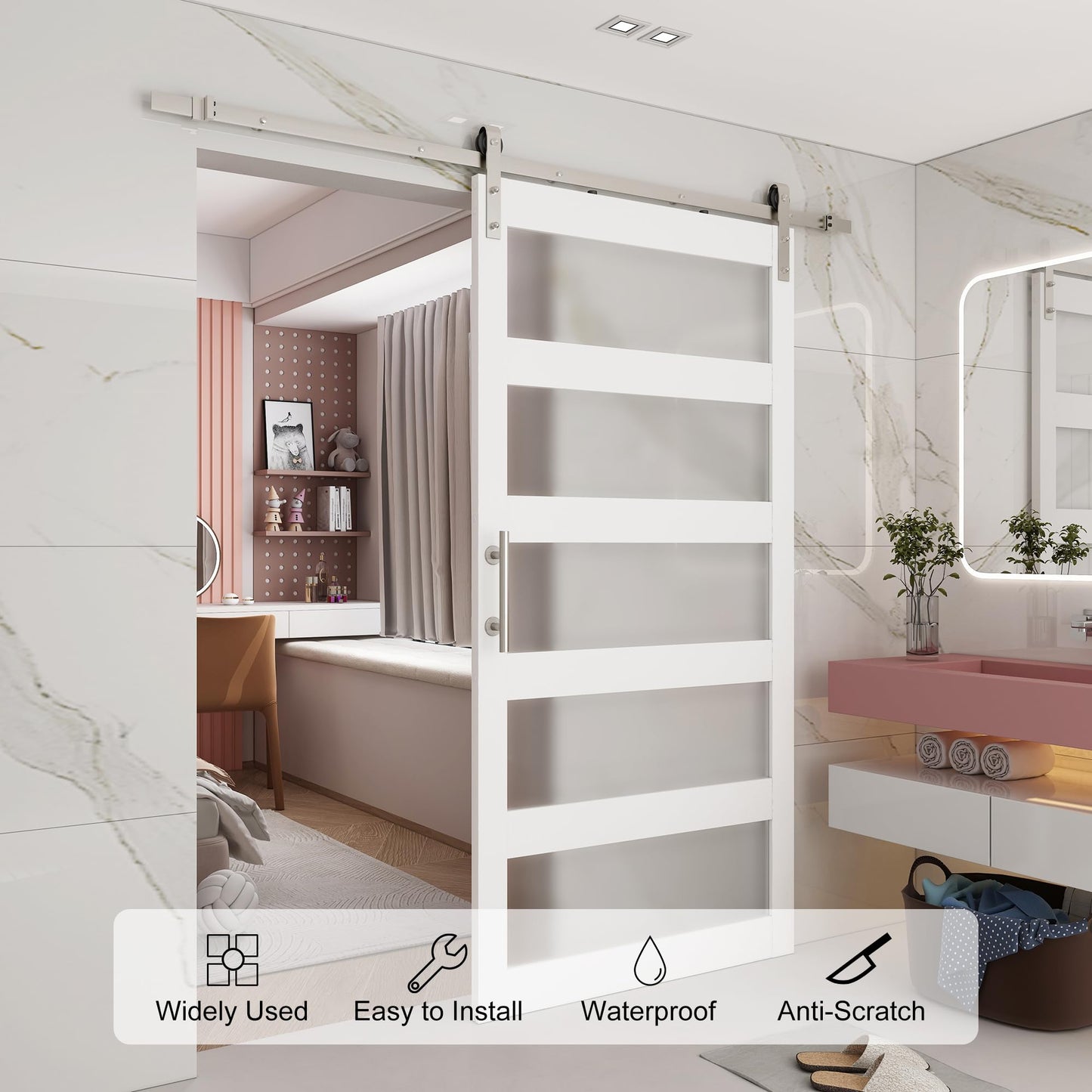 BARNSMITH 42in x 84in Glass Barn Door with 7FT Brushed Nickle Sliding Door Hardware Kit Included & Handle,5-Panel Frosted Glass Solid Wood Water-Proof PVC Surface,Pre-Drilled Easy Assembly,White