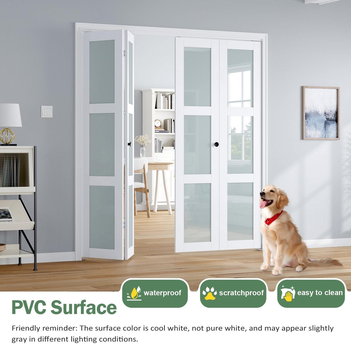 Roymelo Bifold Doors for 72"×80-3/4" Opening, Preassembled White Frosted Glass Folding Barn Door, Sliding Interior Wood Panel Closet Bifolding Door with Concealed Hardware Kit Included