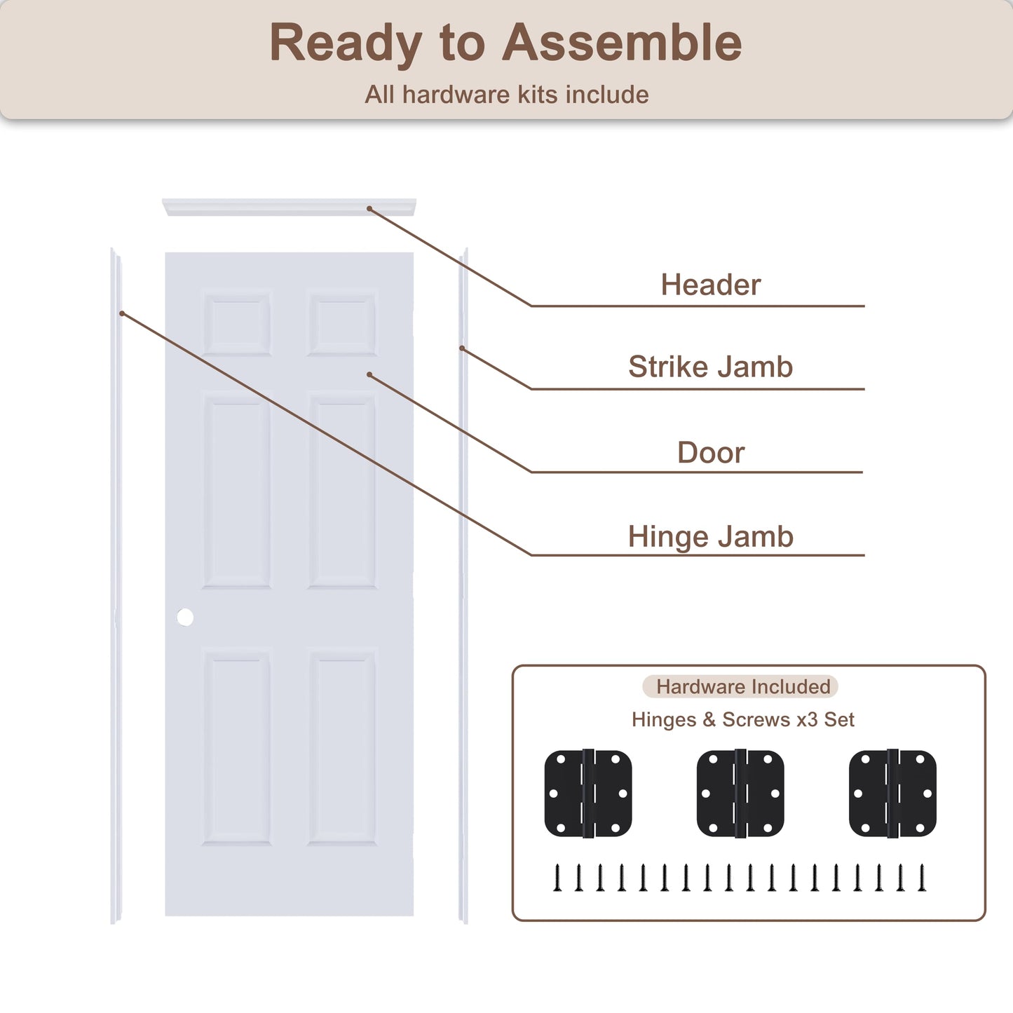 JUBEST 30"x80" Left-Hand Prehung Interior Door with Knock Down Jamb Kit & Matte Black Hinges, 6-Panel White Primed Hollow Core Molded Door Slab with Bore & Hinge Cutout, Durable & Sturdy, No Handle