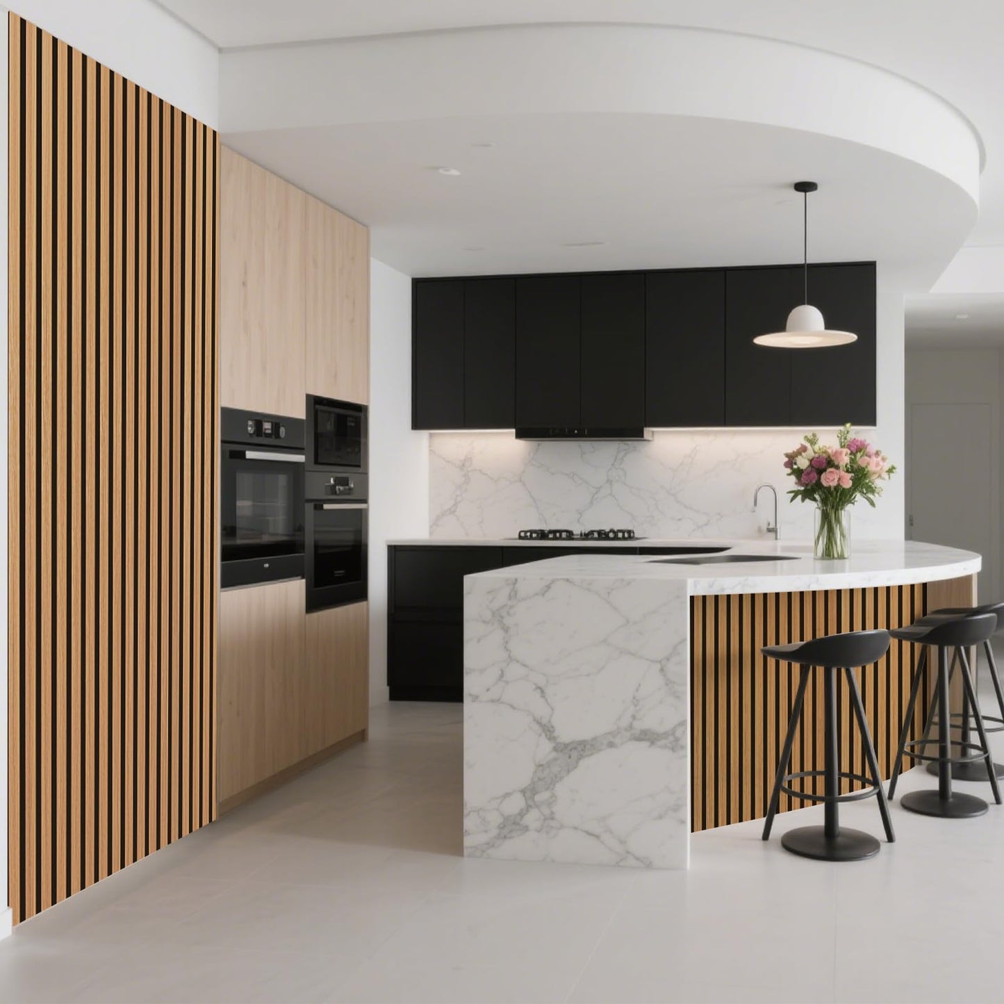 Art3d 1-Pack Acoustic Wood Slat Wall Panel with Roll-Flat Design - 95.3 x 23.8 Inch Sound Absorbing Panels for Living Room Columns Corridor Curved Wall Decor, Teak