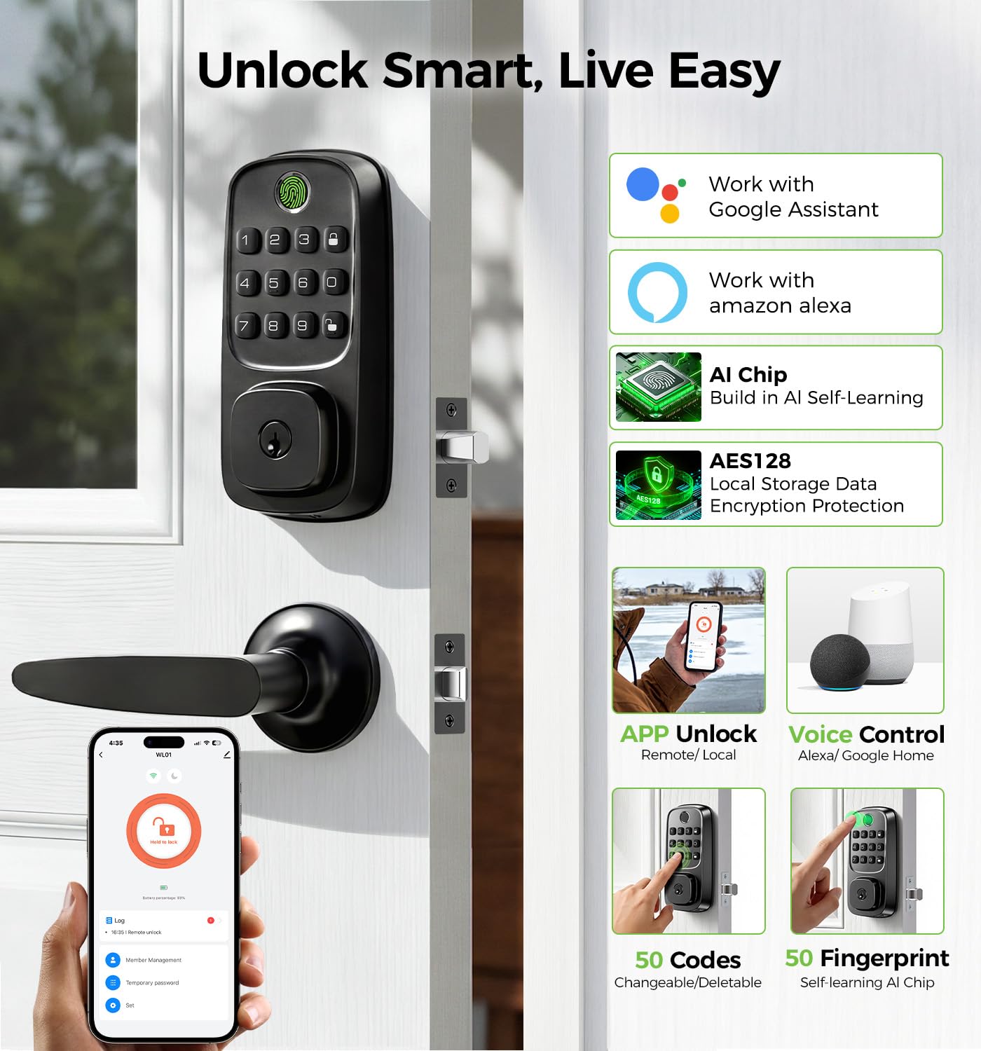 WiFi Smart Door Locks for Front Door Lock Set, Keyless Entry Door Lock Deadbolt with Handle Set, Smart Deadbolt Lock with Alexa & Google Assistant, APP Control, Voice& Fingerprint Unlock, Auto Locking