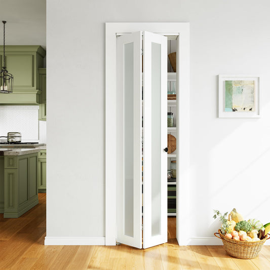 SMARTSTANDARD Bifold Door, 24'' x 80" Tempered Frosted Glass, Interior Folding Door with Hardware Track Kits, Easy Assembly, MDF, White