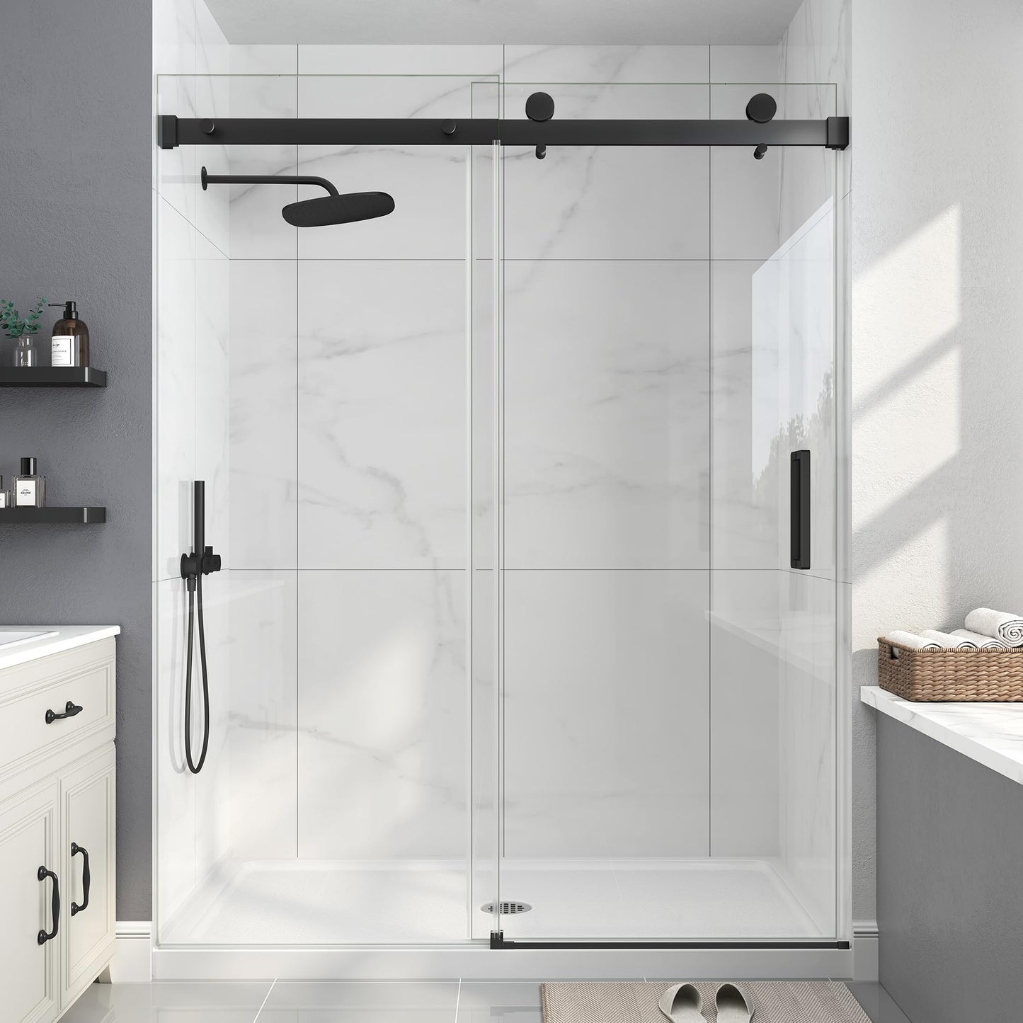 EASYWORC Frameless Shower Door, 43-48" W x 76" H Sliding Glass Shower Door, 1/4''(6mm SGCC Tempered Glass with Explosion-Proof Film Nano Coating in Matte Black Finish