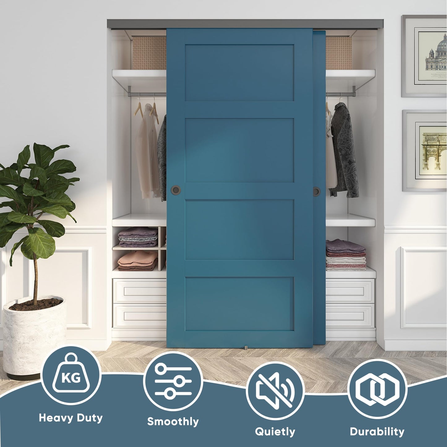 JUBEST 6FT/72 Heavy Duty Bypass Door Hardware with Soft Close Mechanism, Sturdy Closet Door Track for 2 Door System, Quietly and Smoothly, Fit Door Thickness 1 3/8" or 1 3/4", Easy to Install, Black