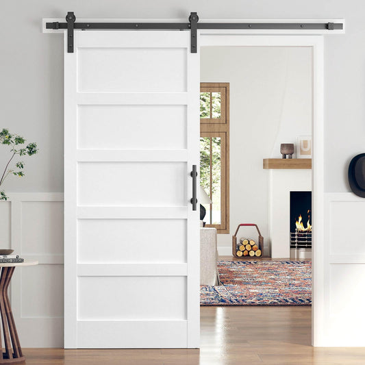 ROYMELO 36x84 Inch White Sliding Barn Door Slab with 6.6ft Hardware Kit Included, 5-Panel, MDF Wood Panel Covered with Water-Proof Scratch-Proof PVC Surface, Simple DIY Assembly