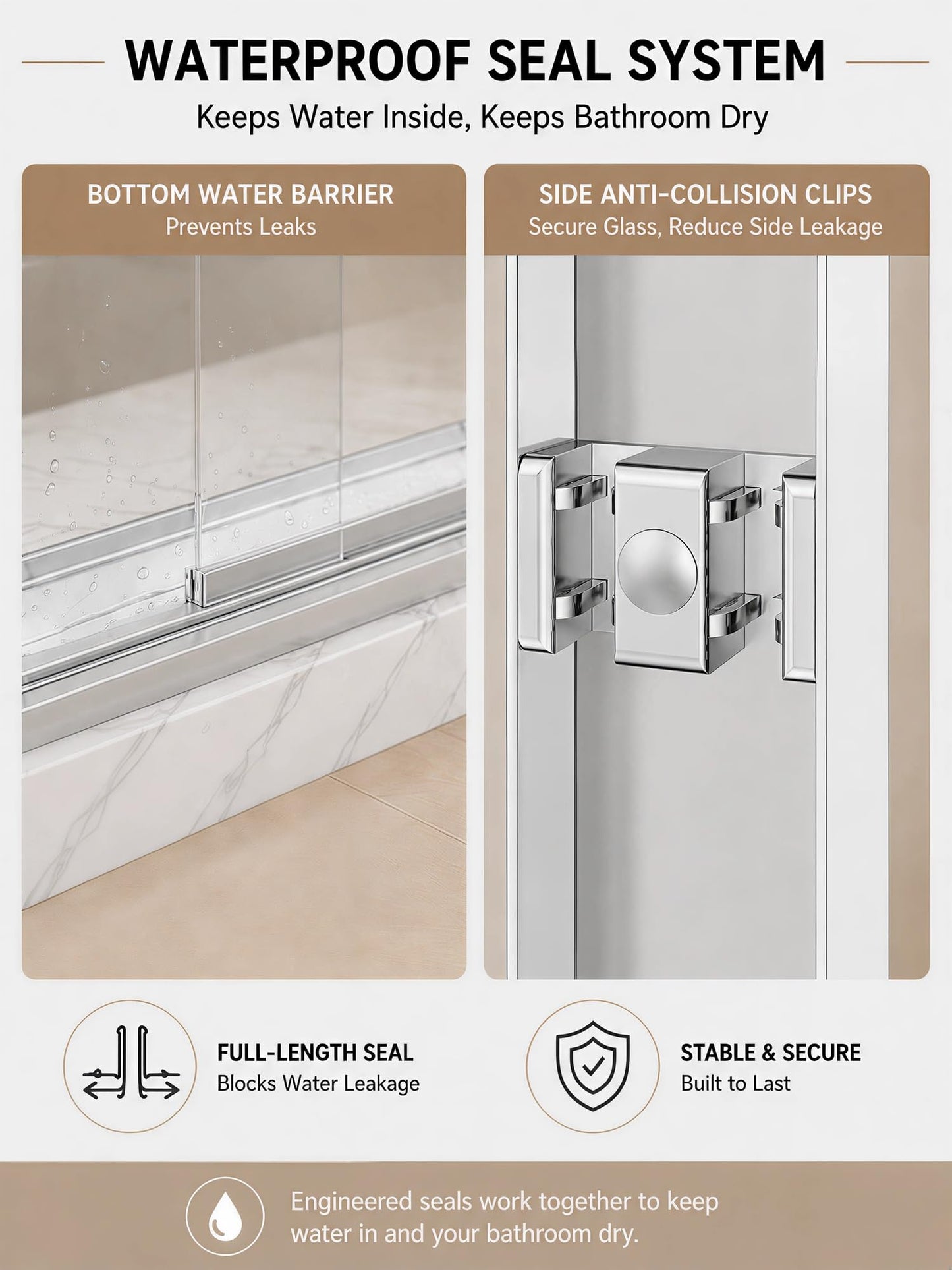 Semi-Frameless Sliding Glass Shower Door 56-60 in. W x 72 in. H, Chrome Frame, 1/4 in. Clear Tempered Glass, Bypass Shower Door, Reversible Shower Doors for Walk-in Bathroom