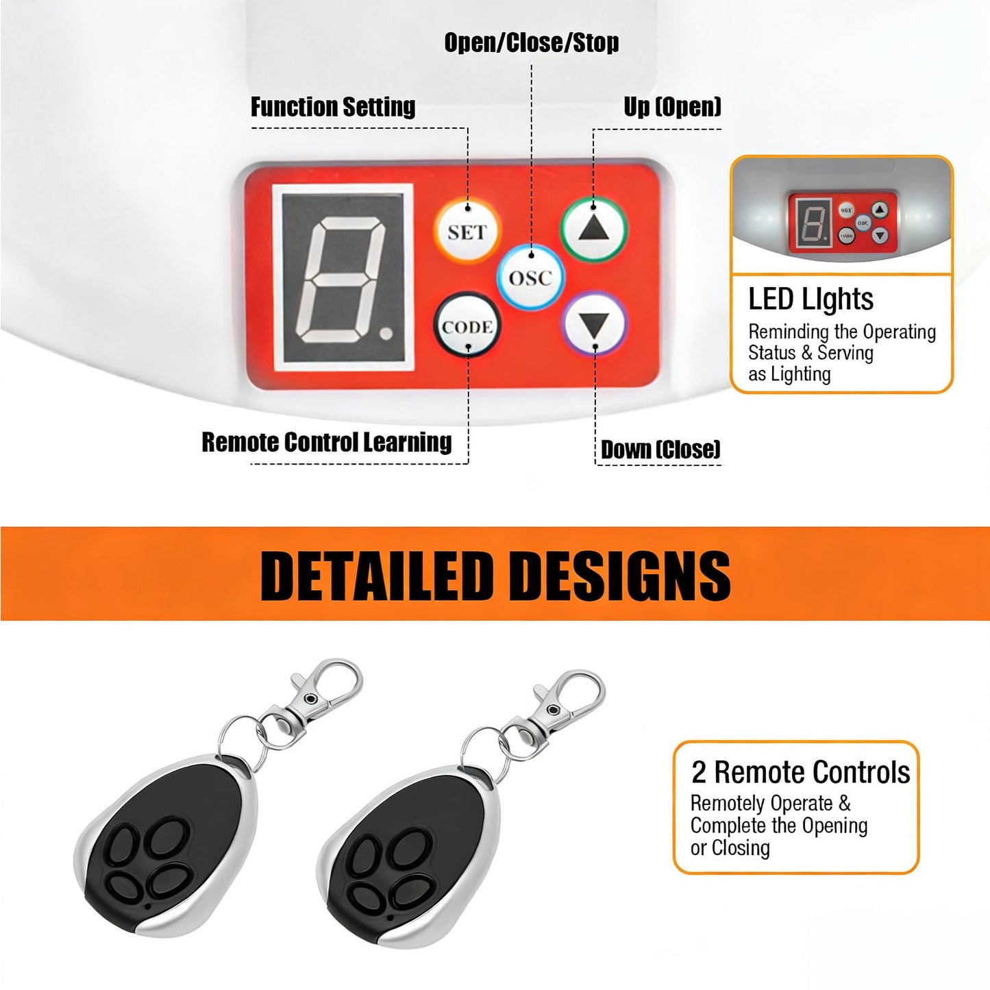 100W Auto Roller Door Opener, 800N Commercial Side Mount Garage Rolling Opener, AC110V Garage Door Opener Roller LED Indicator Light w/Two 164ft Control Distance Controls, Two Hanging Handles