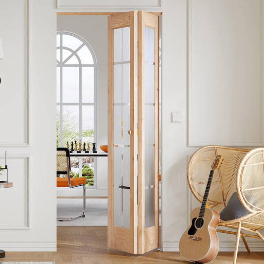 Preassembled Bi-Fold Doors, for 36 x 80 inch Opening,Tempered Frosted Glass Cross Transparent Folding Barn Door with Concealed Hardware Kit,Wood French Doors,Easy Installation