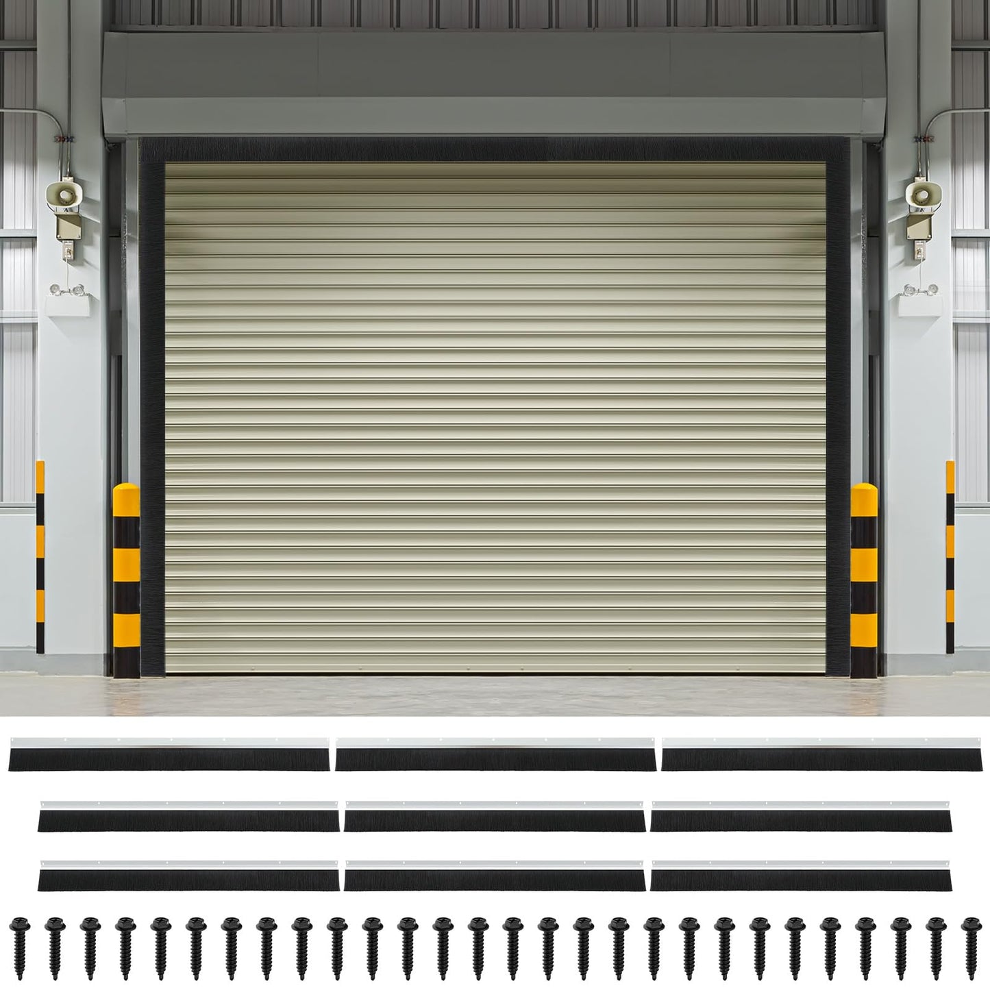 DoubleFill 12 x 10 ft Garage Door Brush Seal Kit, 3 Inch Roll up Door Seal with Aluminum Track, Heavy Duty Nylon Brush for Commercial Doors, Warehouse Barn, Energy Saving, Pest Proof, Black