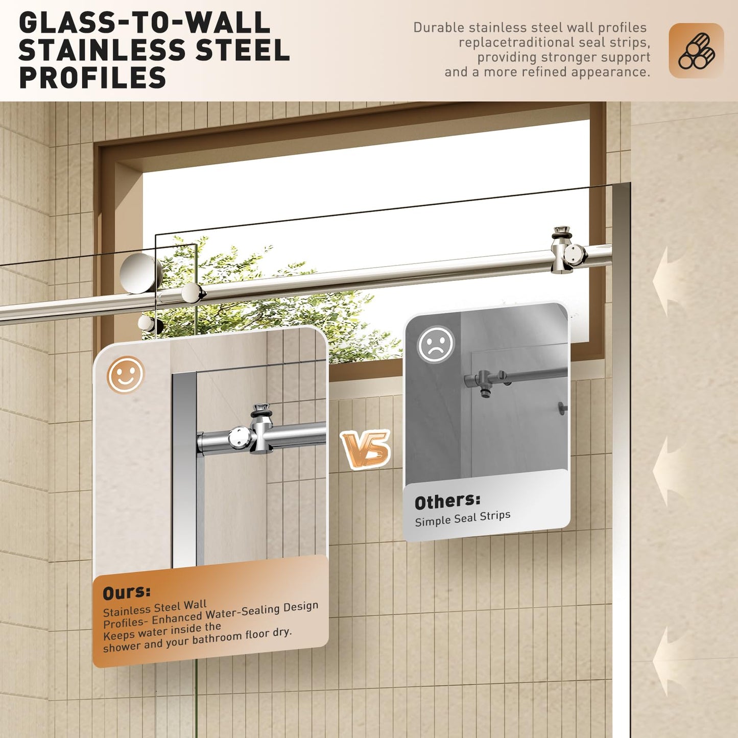 CONDRIS Prime Frameless 60‘’x78’’ Reversible Sliding Shower Door 3/10" (8mm) Thick Tempered Clear Glass with Explosion-Proof Film Nano Coating Stainless Steel Hardware Chromed/Matte Black (Chromed)