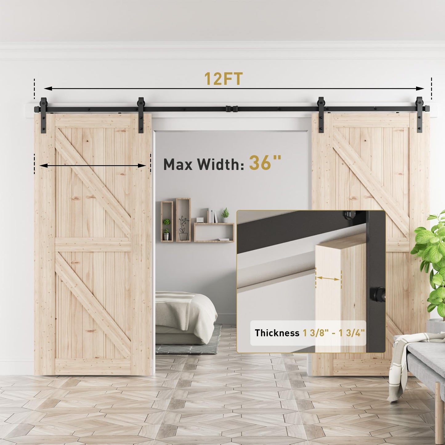 Signstek 12 FT Double Sliding Barn Door Hardware Track Kit, Wood Slab Use, for Garage, Kitchen, Bedroom, Fit 36'' Wide Door Panel-Smoothly and Quitely-Easy to Install (J Shape Hanger)