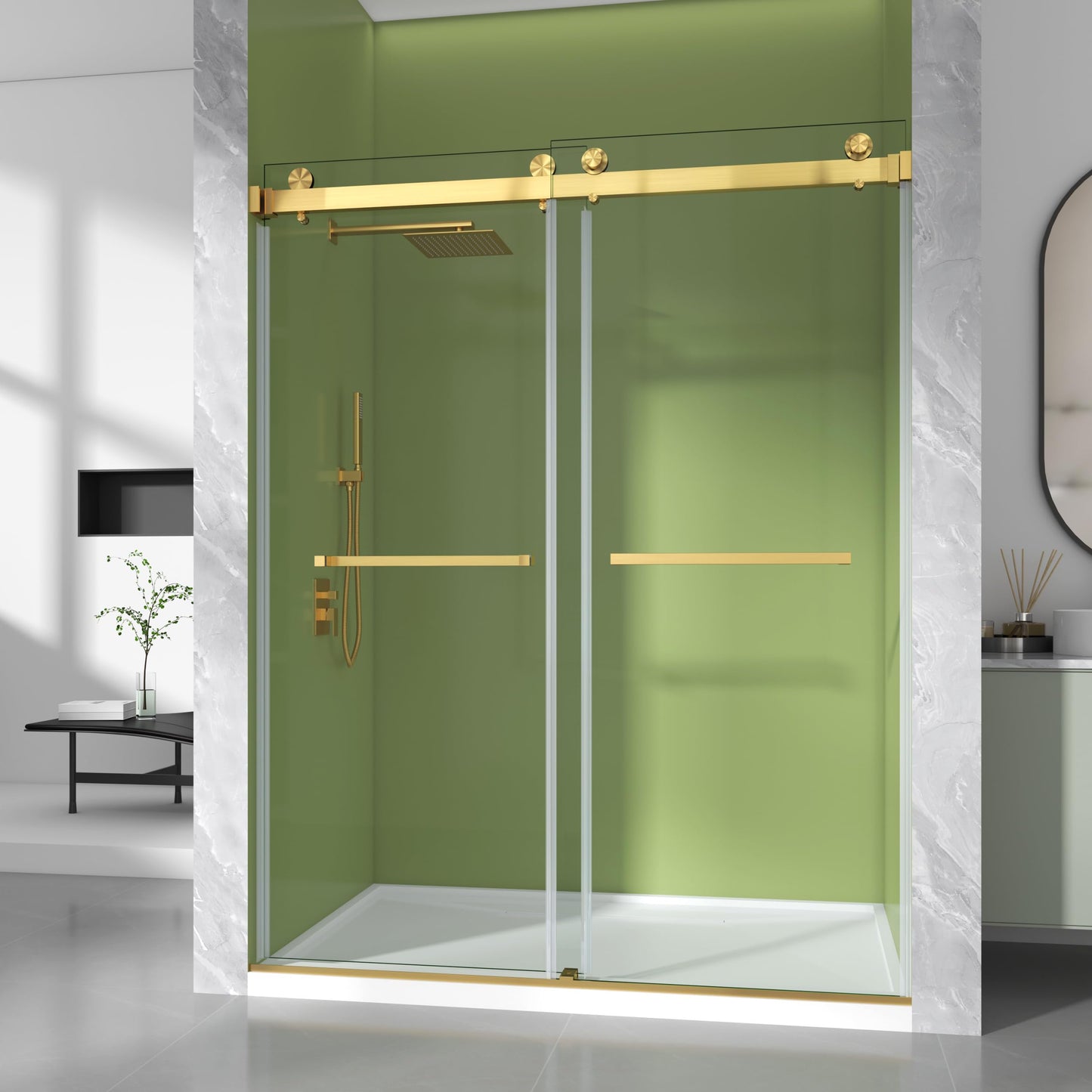 3/8"(10mm) SGCC Tempered Glass, 56-61" W x 72" H Frameless Double Sliding Shower Door, Sliding Glass Shower Door for Walk-in Bathroom with Easy Clean Coating & Stainless Steel Hardware (Brushed Gold)