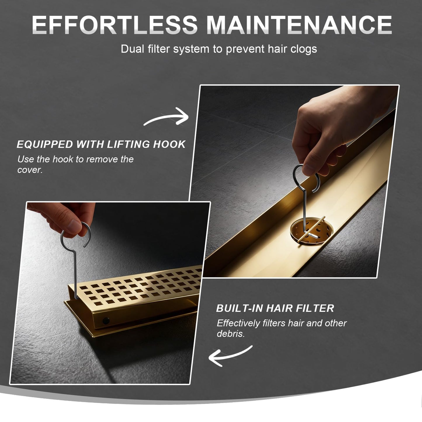 24-Inch Brushed Gold Linear Shower Drain, 304 Stainless Steel Long Linear Drain with Quadrato Pattern Grate, Rectangle Shower Floor Drain with Adjustable Feet, Hair Strainer, Fits Bathroom, Balcony