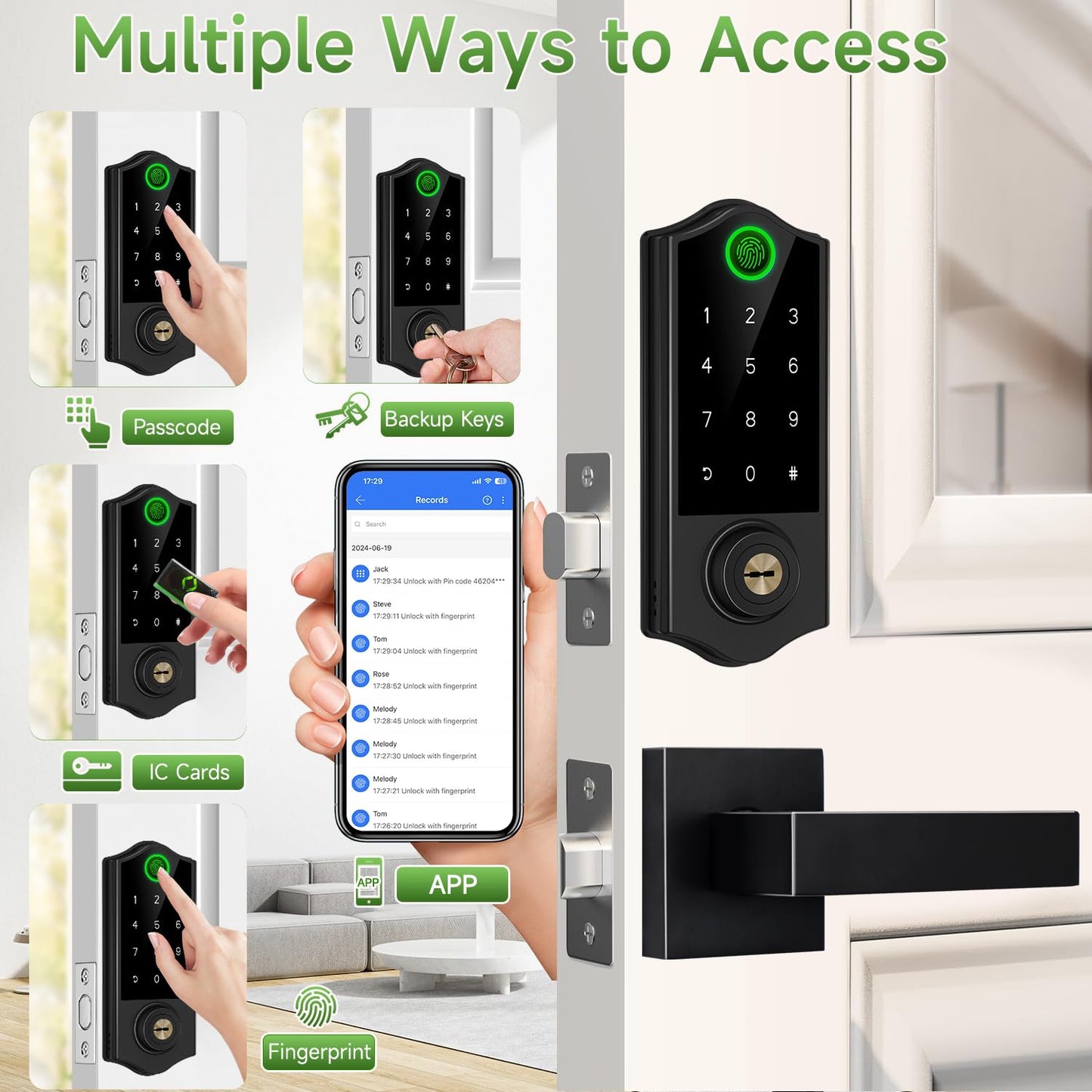 Harfo Fingerprint Smart Door Locks with Handles, App Control, Keyless Entry Front Door Lock Set, Bluetooth Digital Electronic Touchscreen Keypad Deadbolt, Easy Installation, Black