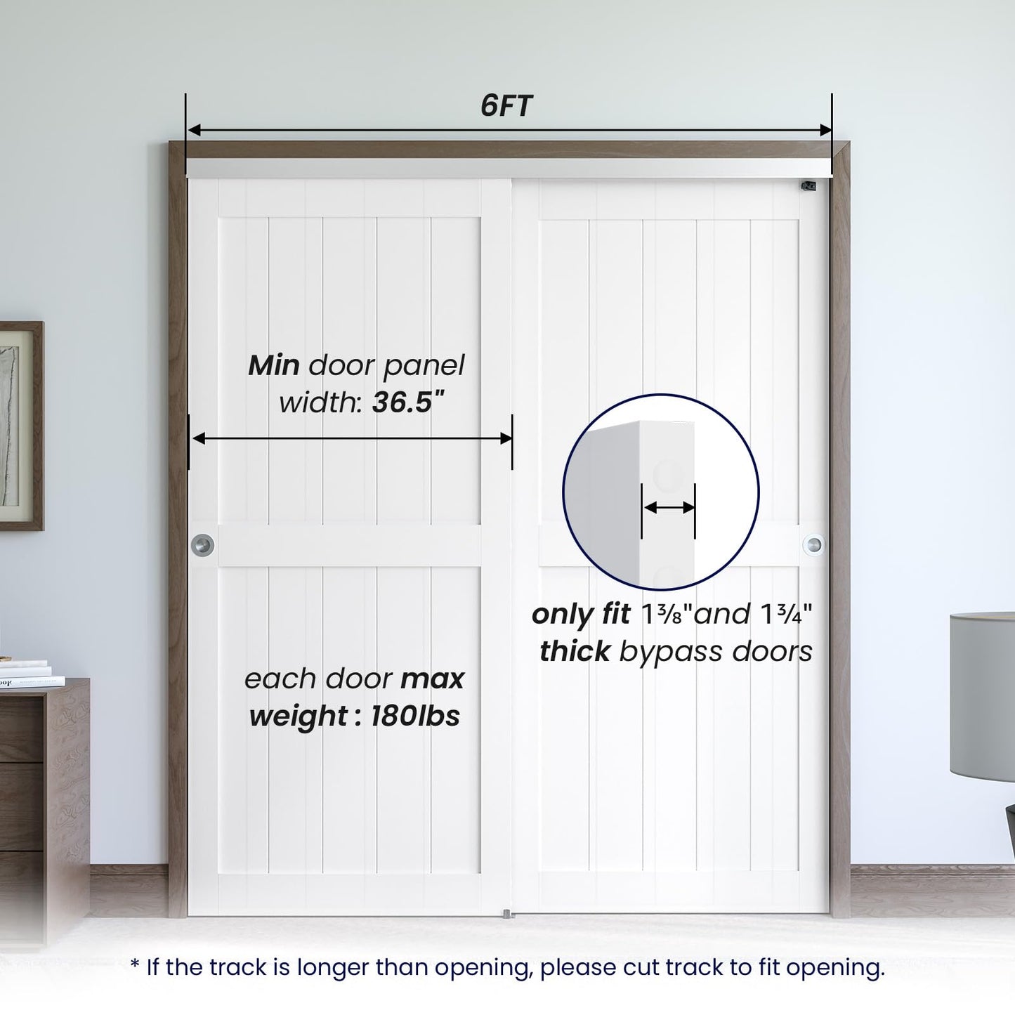 SMARTSTANDARD 72"/6FT Bypass Sliding Door Hardware Kit for Cabinet Closet, Aluminum Alloy Door Hardware with Finger Pull, for 2 Door System, Smoothly and Quietly, Fit 36.5" Wide Door Panel, No Door