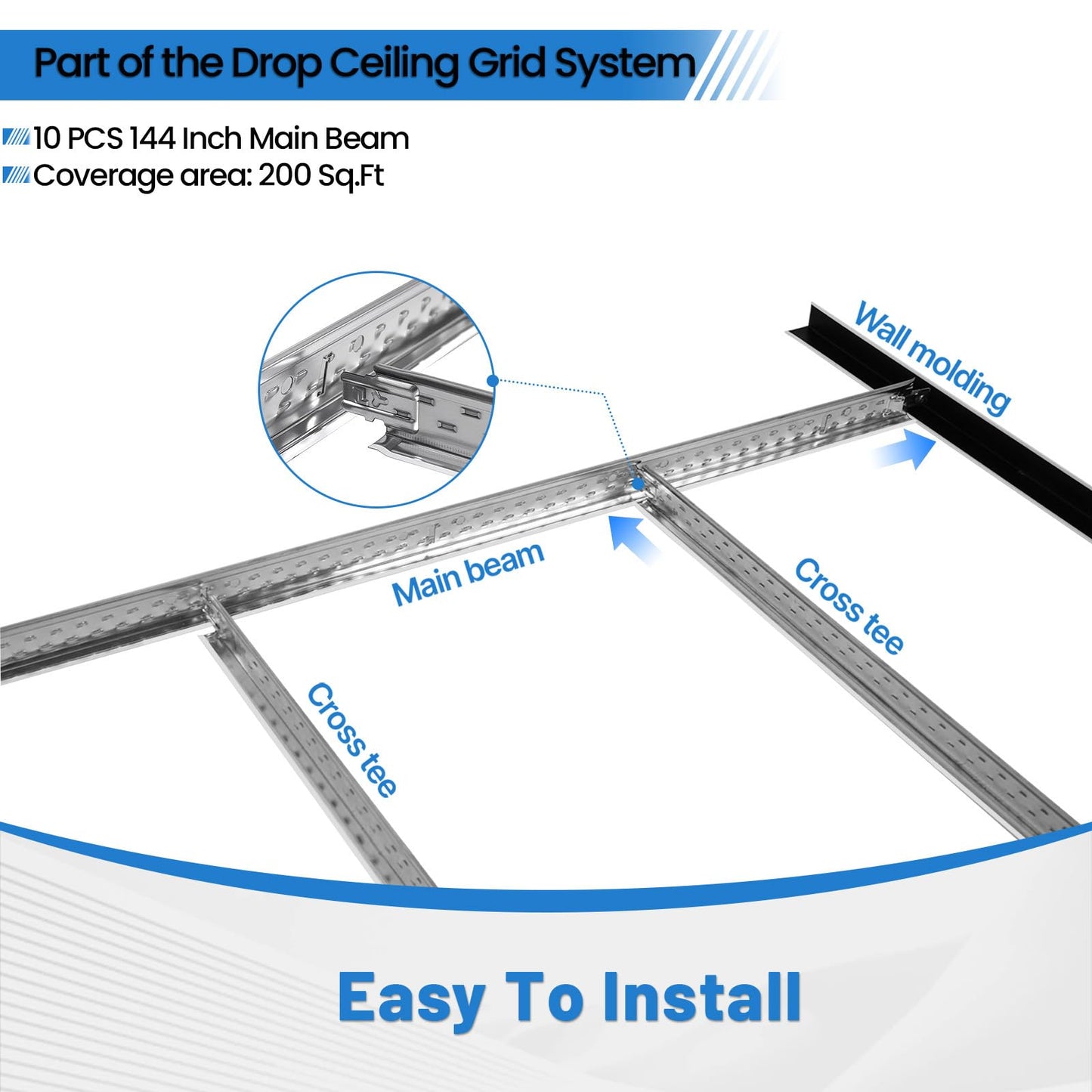 LooYee 25 PCS 144 Inch Main Beam Cross Tee Drop Ceiling Grid System, 12 Ft Galvanized Steel Rust & Fire Resistance, Ideal for Basement Living Room Garage Kitchen Bathroom White