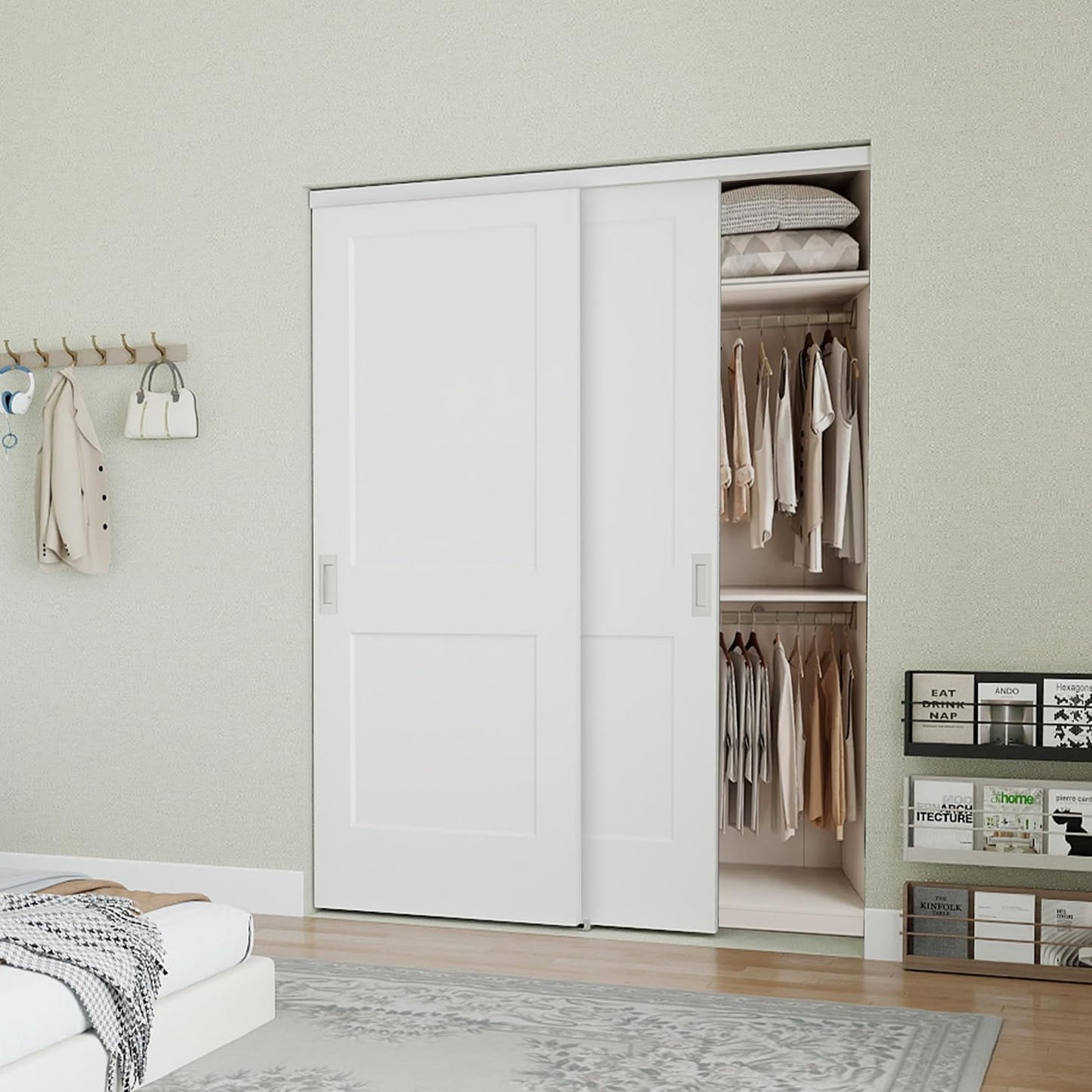 JUBEST 72 in. x 80in. Bypass Closet Door, Flat 2 Panel Shaker Style White Primed Bypass Sliding Closet Door, Interior Doors with Hardware Kits Include, Pre-drilled, Paintable