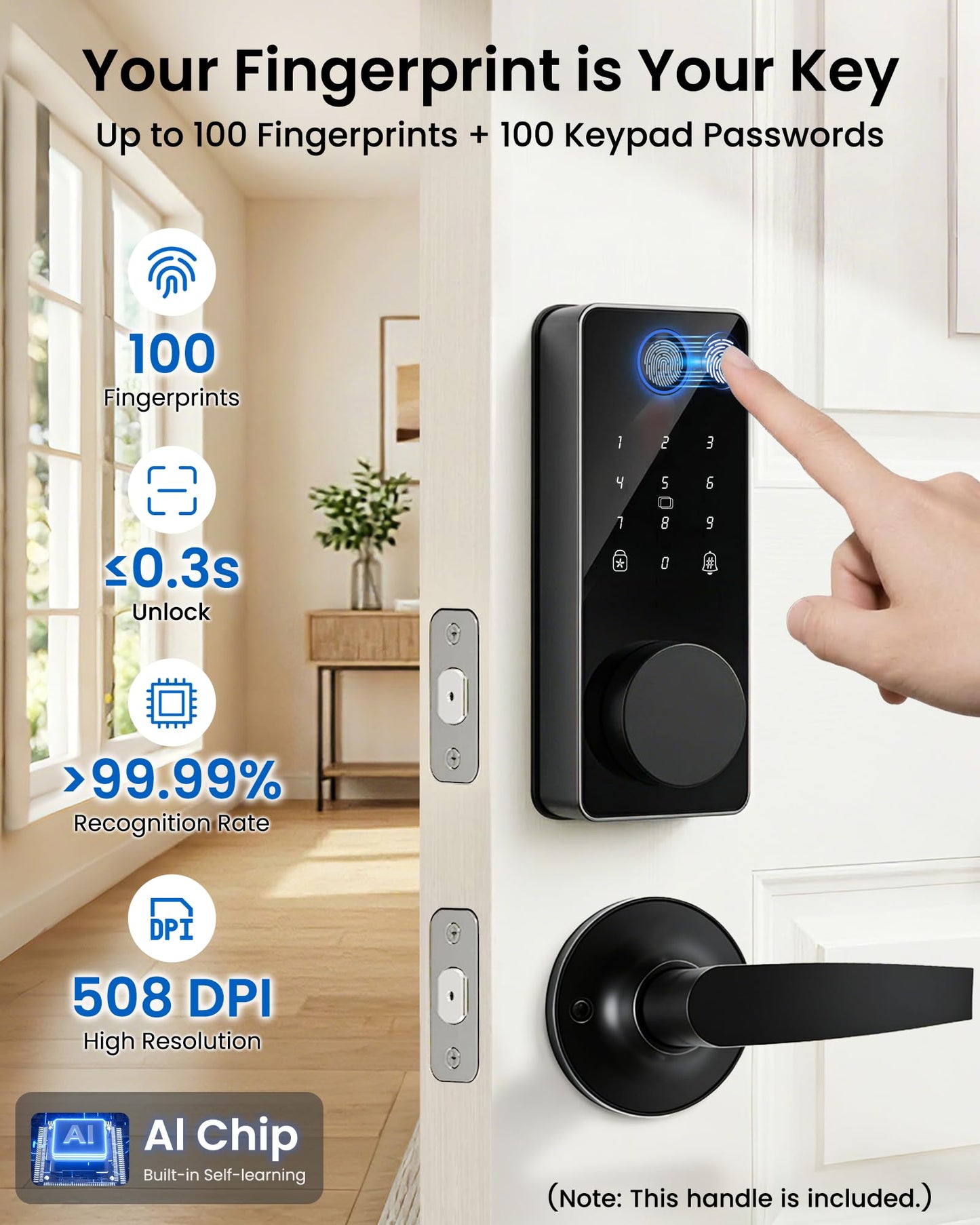 IBLOG Smart Lock with 2 Lever Handle Set, Fingerprint Keyless Entry Door Lock Front Door App Control, Electronic Touchscreen Keypad Deadbolt, Auto Lock, IP54 Waterproof, Easy Install Built-in Doorbell