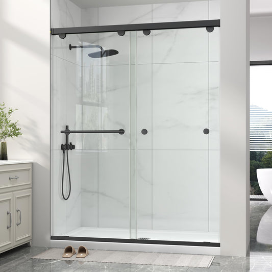 Frameless Shower Door with Soft-Close & Anti-Leak,5/16" (8mm) Double Sliding Shower Door,Nano Coating Anti-Explosion Film SGCC Tempered Glass 43"- 48" W x 76" H,Matte Black