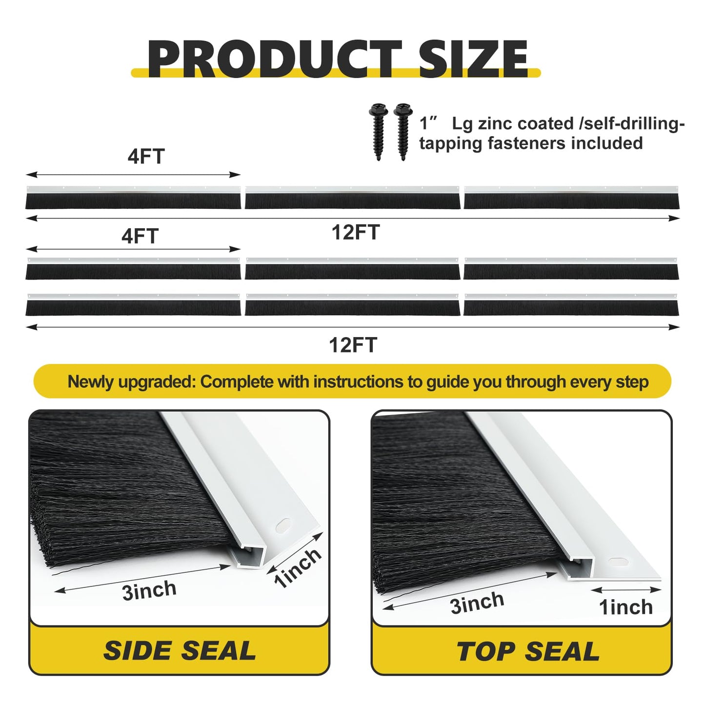 DoubleFill 12 x 12 ft Garage Door Brush Seal Kit, 3 Inch Roll up Door Seal with Aluminum Track, Heavy Duty Nylon Brush for Commercial Doors, Warehouse Barn, Energy Saving, Pest Proof, Black
