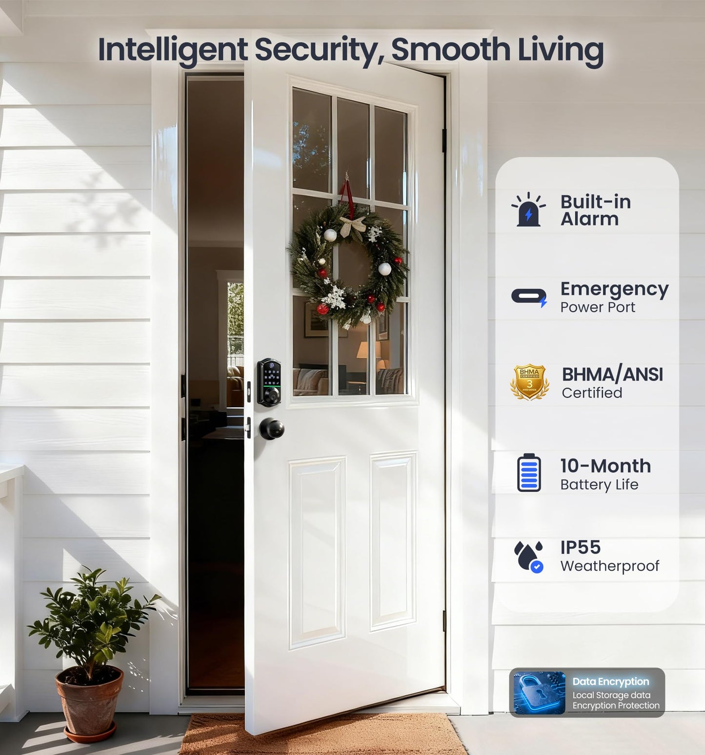 Veise VE017-K Fingerprint Smart Lock with 2 Knobs, App Control, Keyless Entry Front Door Lock Set, Electronic Touchscreen Keypad Deadbolt, Emergency Power Port, Easy Install, Auto-Lock, Matte Black