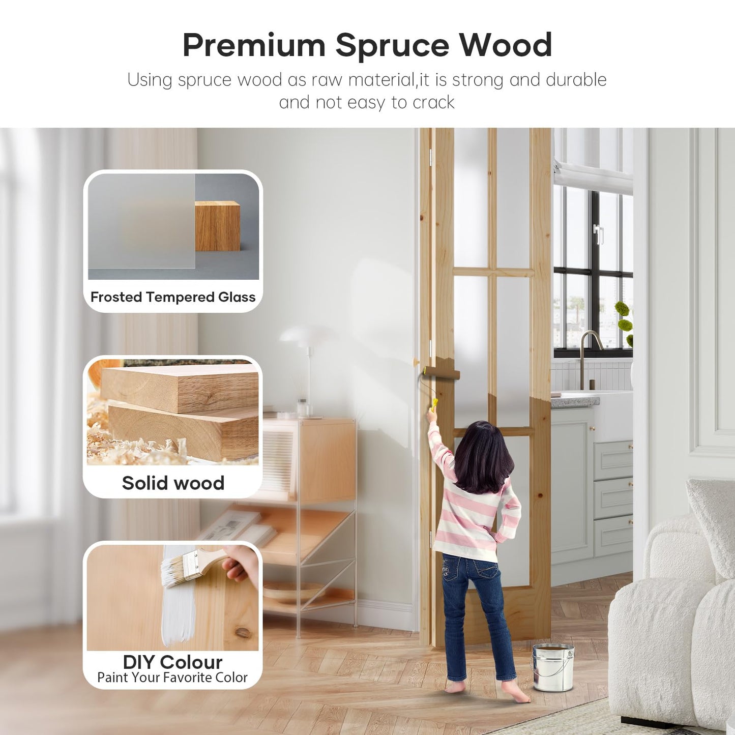 EaseLife 30"x 80" (Double 15" x 80") Bifold Barn Door, Tempered Frosted Glass Bifold Closet Door with 2.5FT Concealed Hardware Kit, Preassembled French Bifold Wood Door, Easy to Assemble,DIY Coloring