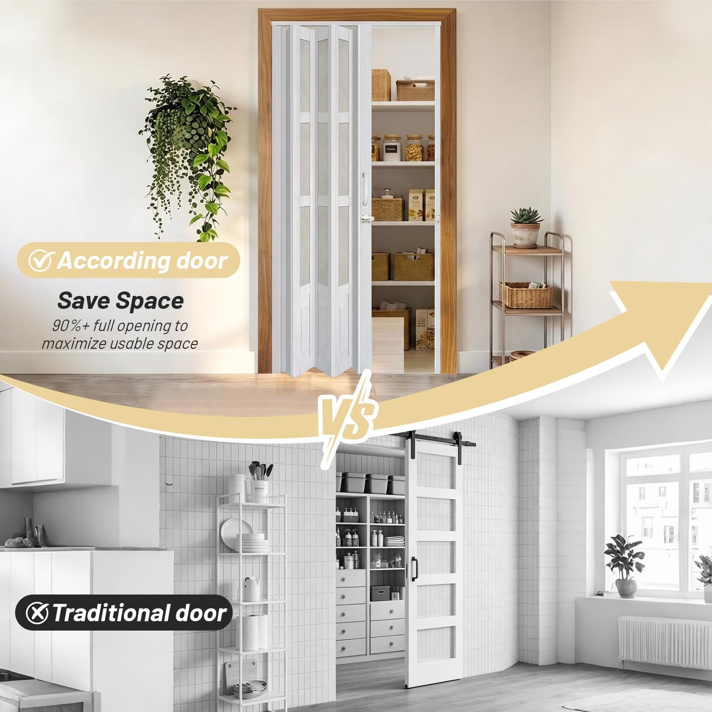 CCBOYSHARDWARE 38X80in Accordion Door Interior with Frosted Acrylic, PVC Folding Door with Lock & Handle, Double Magnetic Sliding Door for Closet, Pantry& Room Divider,Easy to Clean,Trimmable