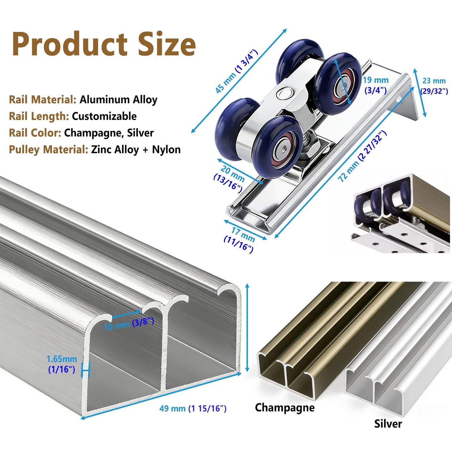 Aluminum Alloy Sliding Door Track Kit, 3/4/4.5/5/5.5/6/10/12 Ft Heavy-Duty Double Rail Hardware with Zinc-Nylon Pulleys, Bypass Ghost System(Champagne,6.2ft/189cm)