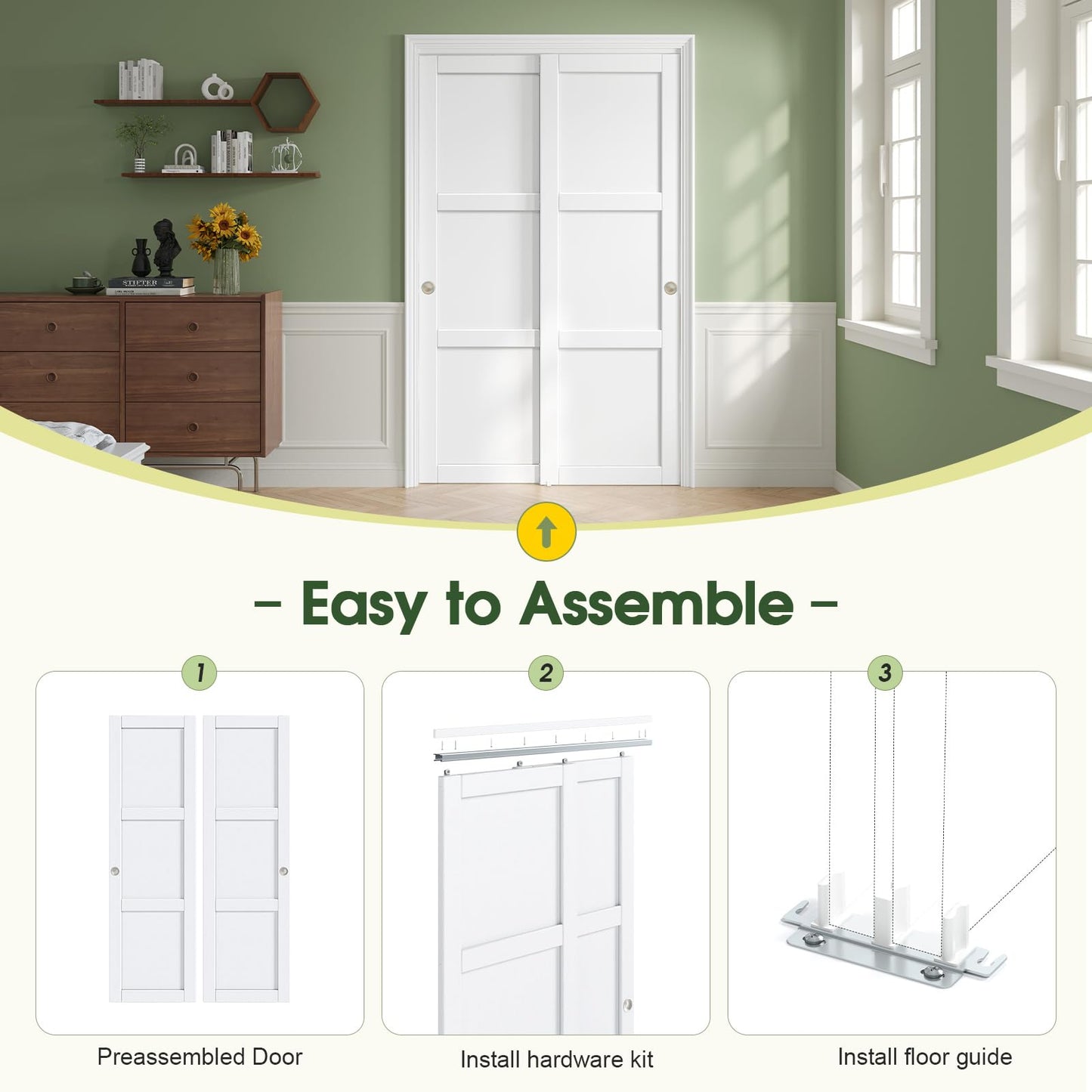 CEAKIAN 48"x80"(Double 25"x80") Sliding Closet Door,3 Panel Sliding Door with Hardware Kit for Bedroom,Preassembled Door Panels with Solid MDF Wood Slab & Water-Proof PVC Surface,Pocket Doors,White