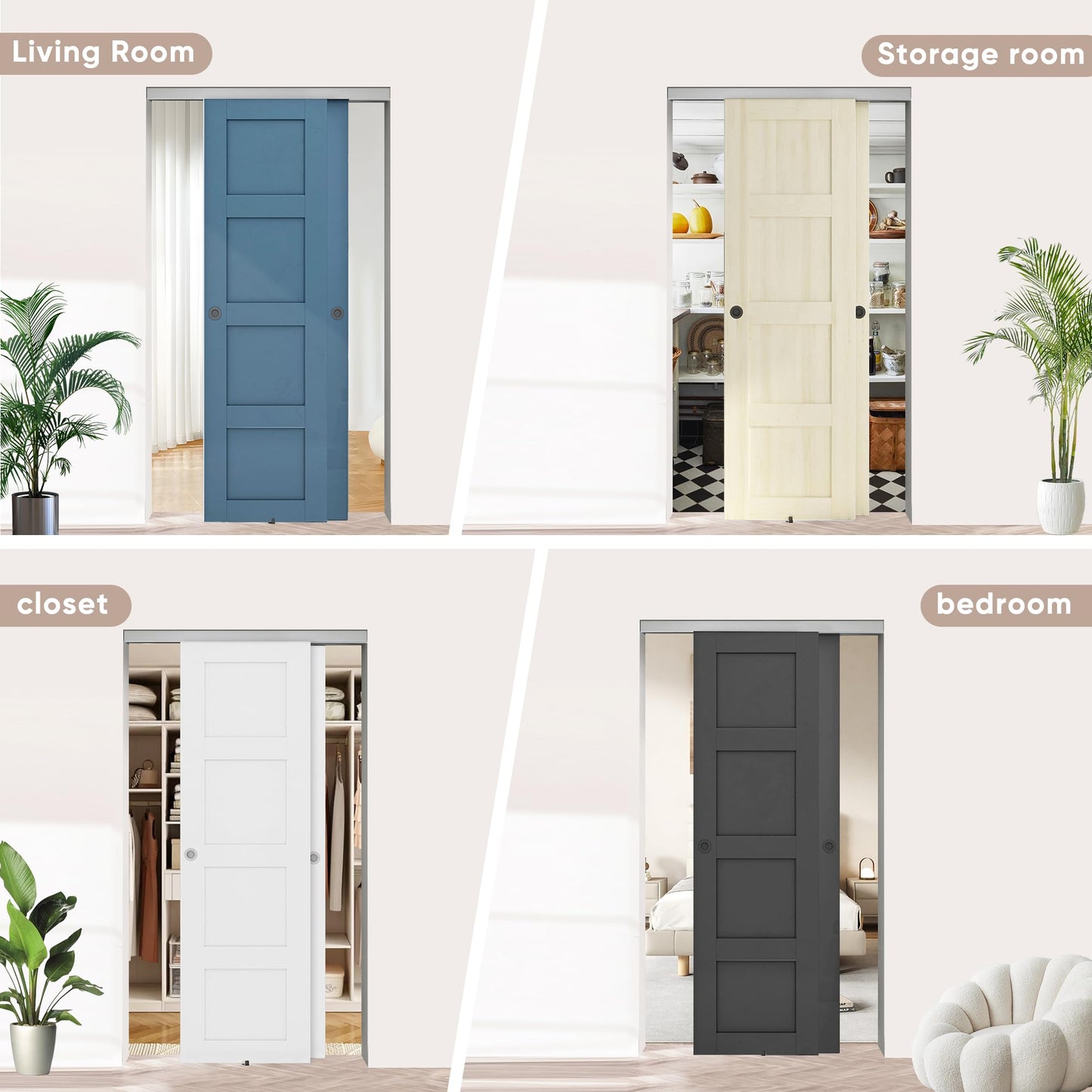 JUBEST Bypass Door Hardware 96", Aluminum Sliding Closet Door Hardware Set with Finger Pull Included, Smoothly and Quietly, for 2 Door System, Fit Door Thickness 1 3/8" or 1 3/4", Easy to Install