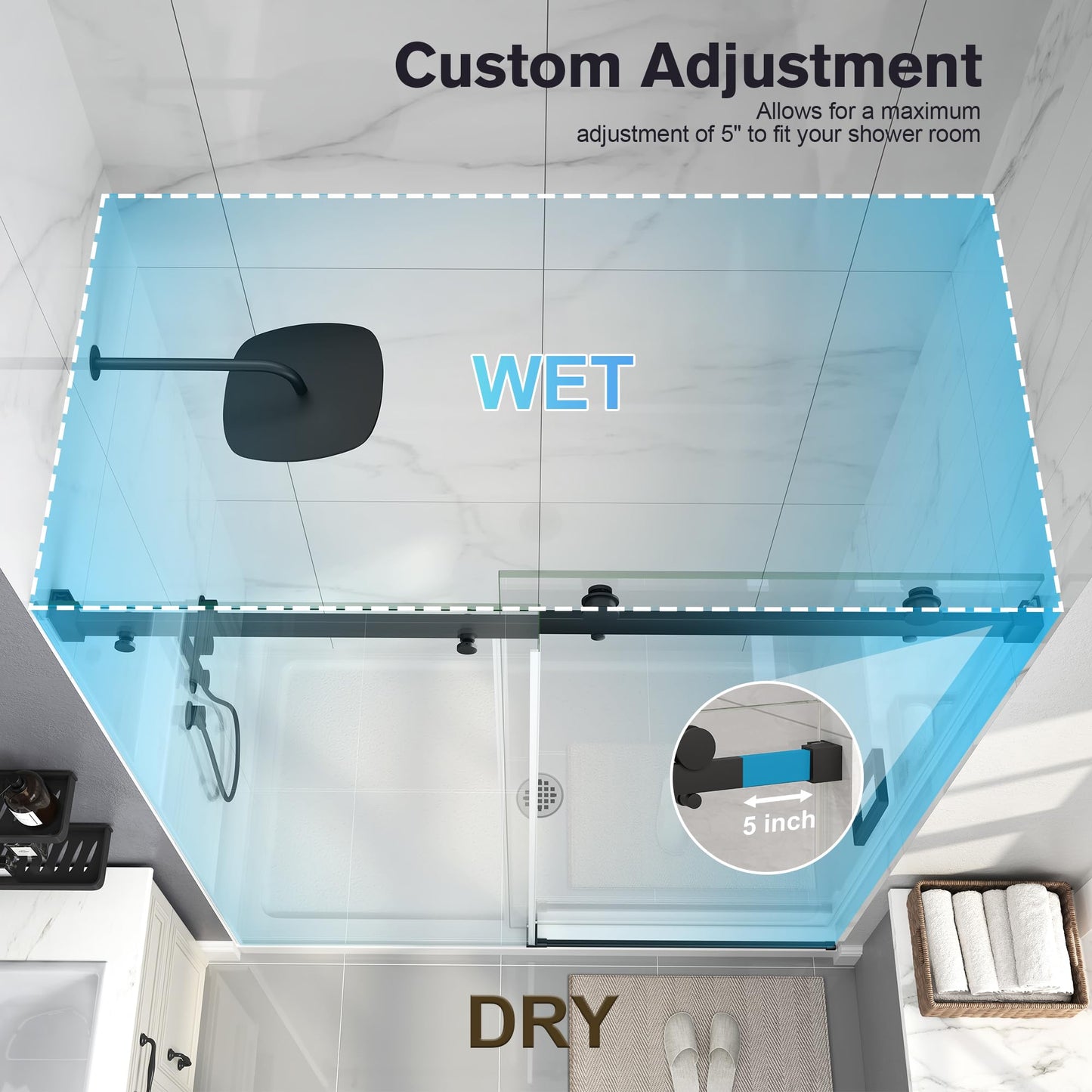 EASYWORC Frameless Shower Door, 43-48" W x 76" H Sliding Glass Shower Door, 1/4''(6mm SGCC Tempered Glass with Explosion-Proof Film Nano Coating in Matte Black Finish