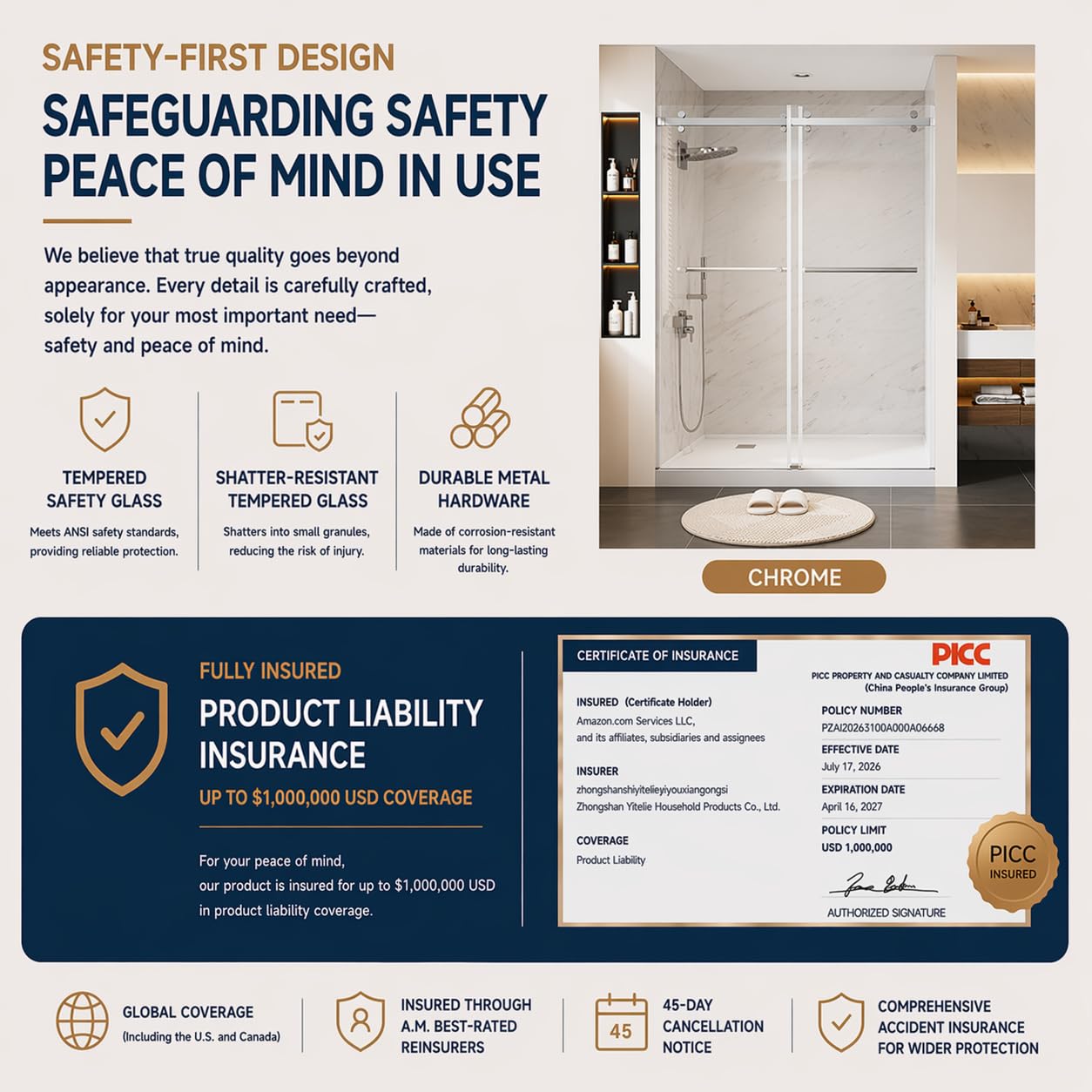Dimaris 56-60.in W x 74.in H Frameless Shower Door, Shower Door with 5/16" (8mm) Clear Tempered Glass, Easy Sliding, Nano Coating, Stainless Steel, Chrome, Walk in Shower