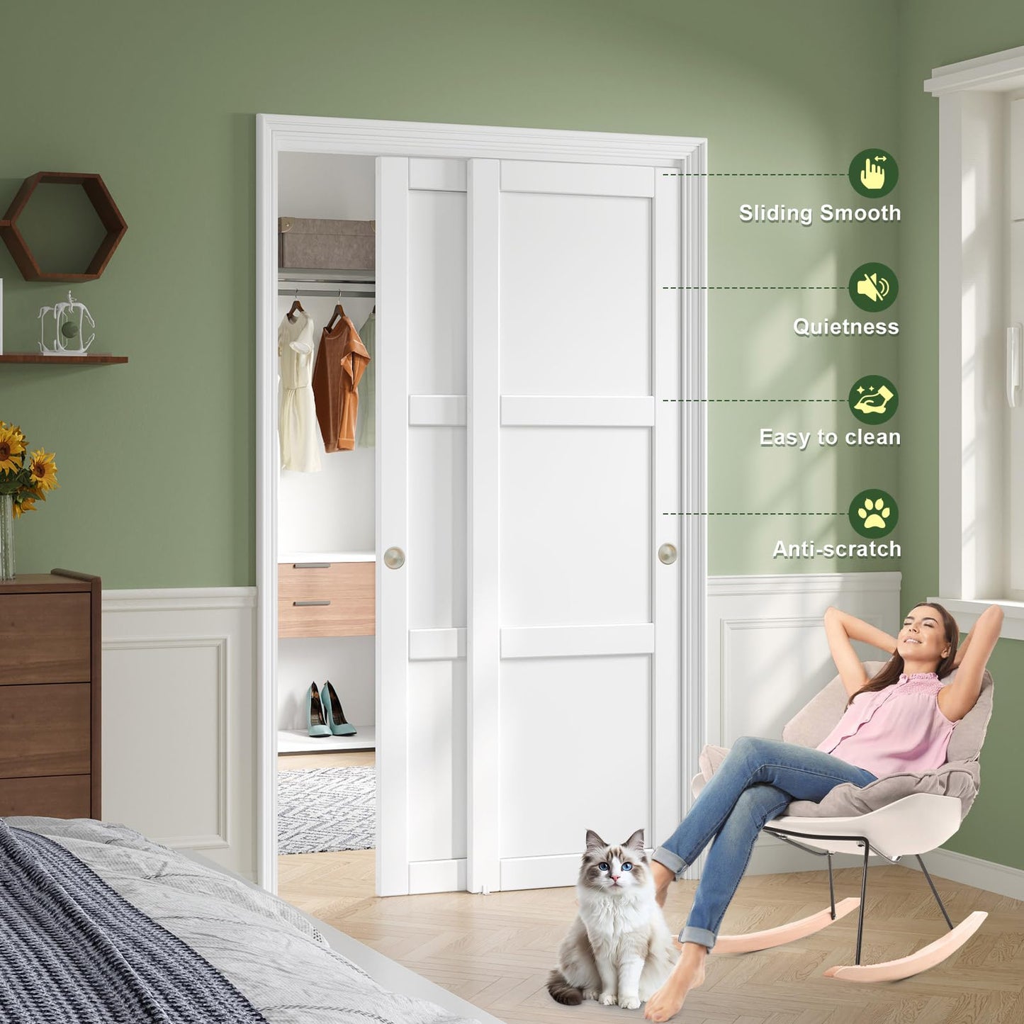 CEAKIAN 48"x80"(Double 25"x80") Sliding Closet Door,3 Panel Sliding Door with Hardware Kit for Bedroom,Preassembled Door Panels with Solid MDF Wood Slab & Water-Proof PVC Surface,Pocket Doors,White
