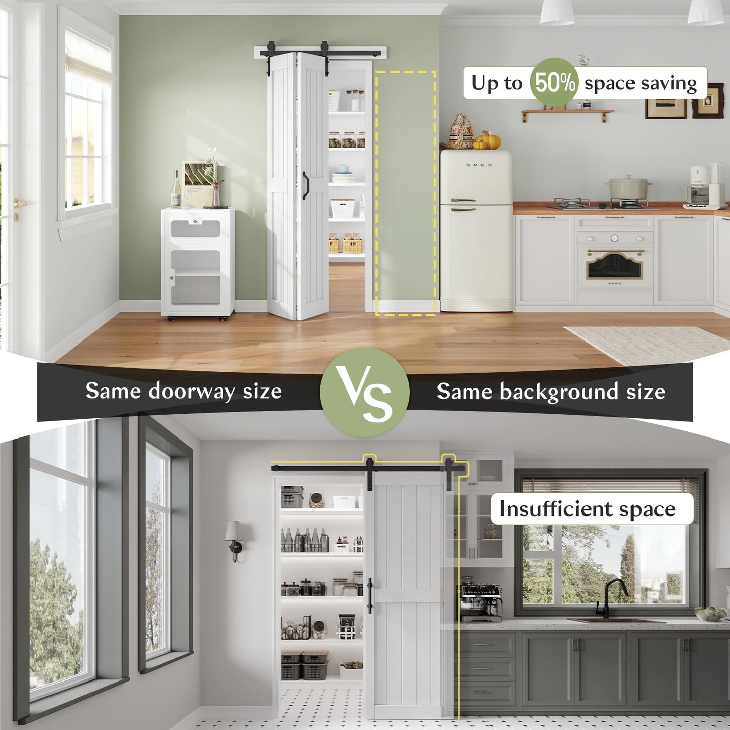 Finosen Bifold Barn Door 42 x 84 in (Double 21 inch)，Bi-fold Sliding Closet Doors with Hardware Track kit Included, 3.8ft Rail for 2 Doors, MDF Wood Panel,PVC Surface, Save Space,DIY Assembly, White