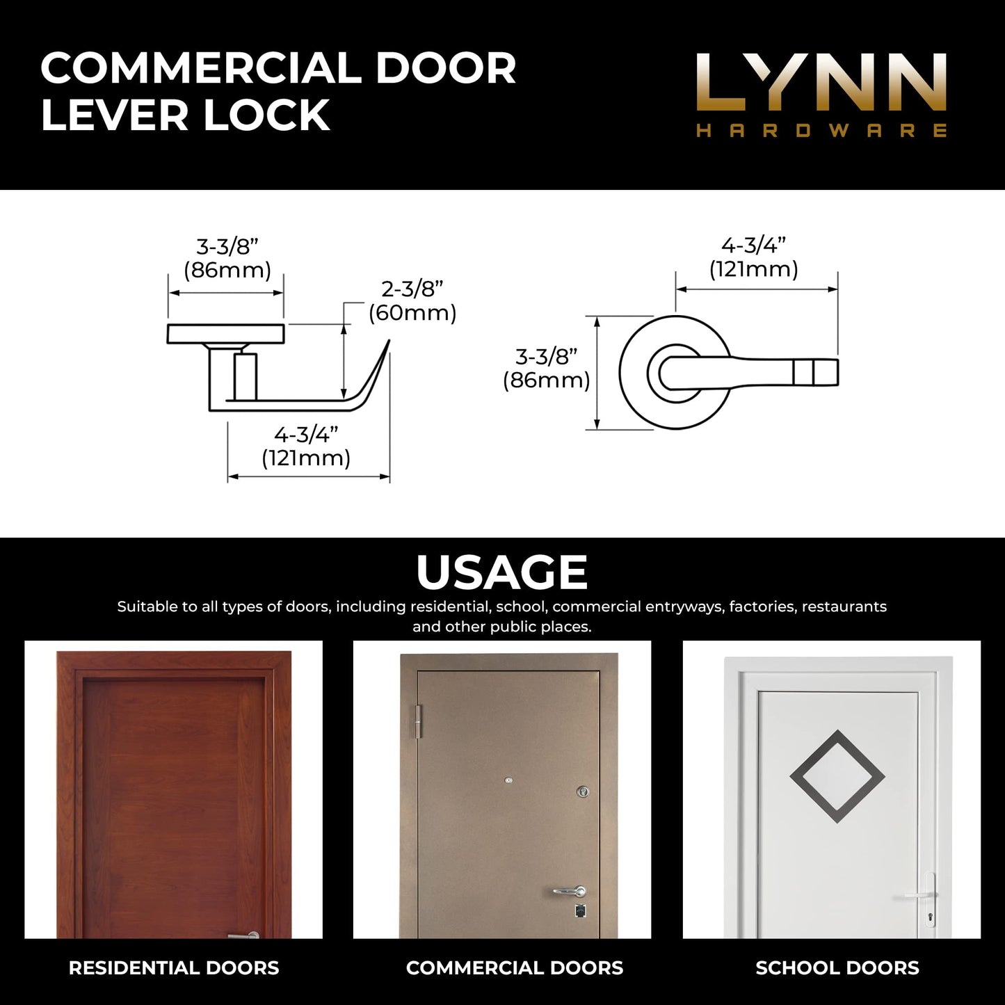 LYNN HARDWARE - Entrance - Commercial Door Lock - Heavy-Duty Designer Handles for Doors - Durable Grade 2 Indoor Locks for Doors - Cylindrical Door Handle Lock - ADA Compliant - Satin Chrome