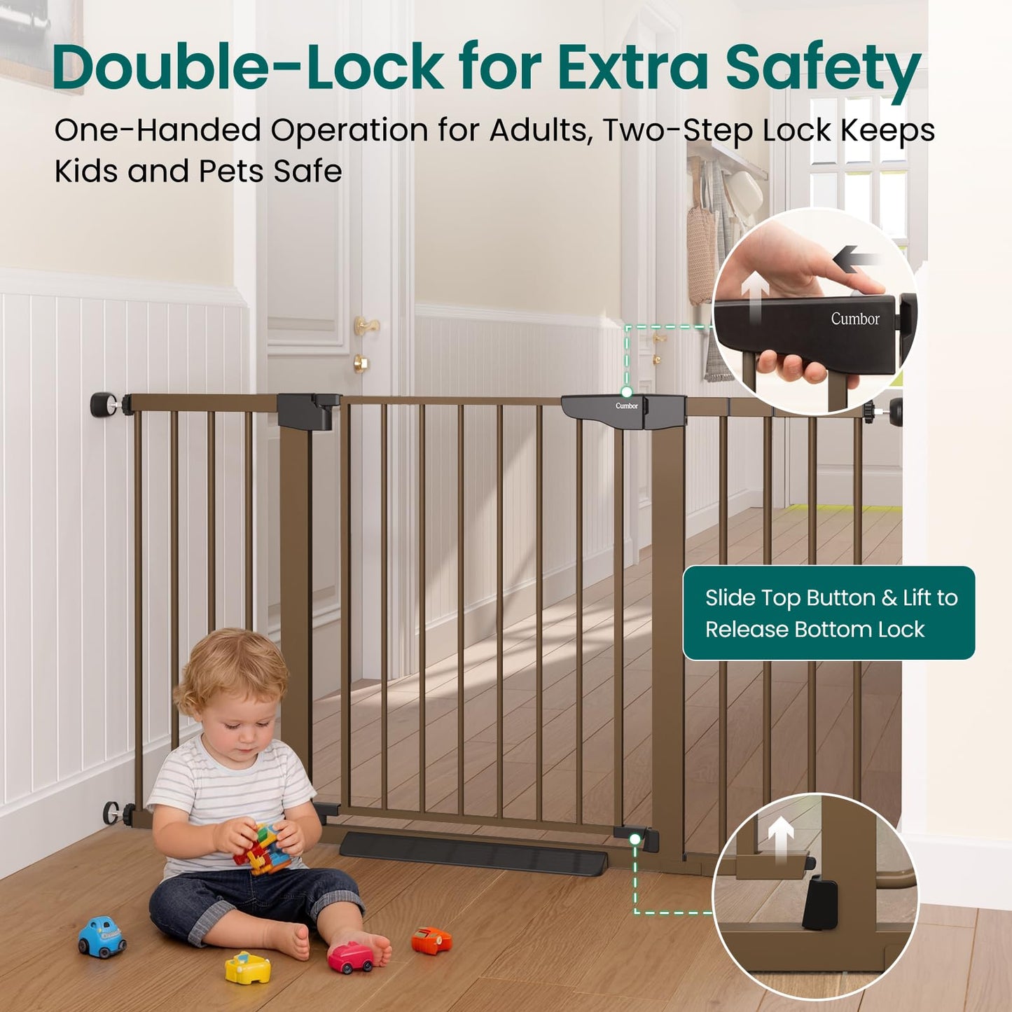 Cumbor 30-54" Extra Wide Baby Gate for Stairs, Dual Lock & Self-Closing Dog Gate Indoor, Easy Install Pet Gate for Doorways, Hallways & Kitchen, Easy Walk Thru Safety Proofing for Babies & Pets, Brown