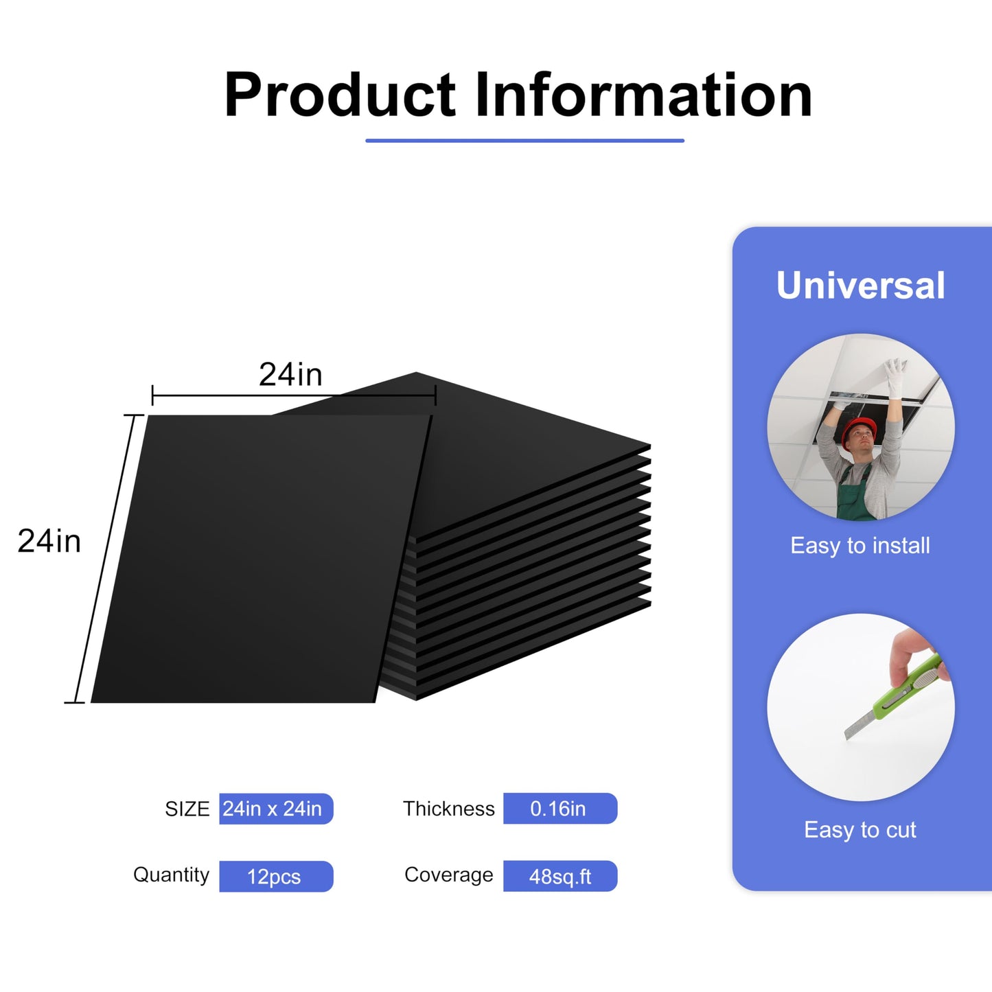 IMXPW Premium PVC Smooth Drop Ceiling Tiles 2ft x 2ft - Waterproof, Fire-Rated, Washable, Drop in Installation - No Rot, No Sag, 12-Pack Cover 48 Sq. Ft, Black