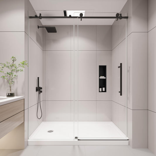 KPUY Frameless Shower Door, 43-48" W x 76" H Sliding Glass Shower Door, 1/4" (6mm) Thick Tempered Clear Glass with Explosion-Proof Film Nano Coating, Stainless Steel Hardware, Matte Black
