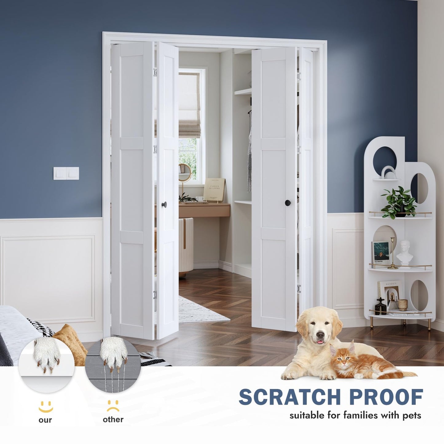 Roymelo White Bifold Doors for 60"×80" Opening, Sliding Interior Closet Folding Barn Door Slab with 5FT Concealed Hardware Kit Included, 3-Panel, MDF Wood Panel Covered with PVC Surface