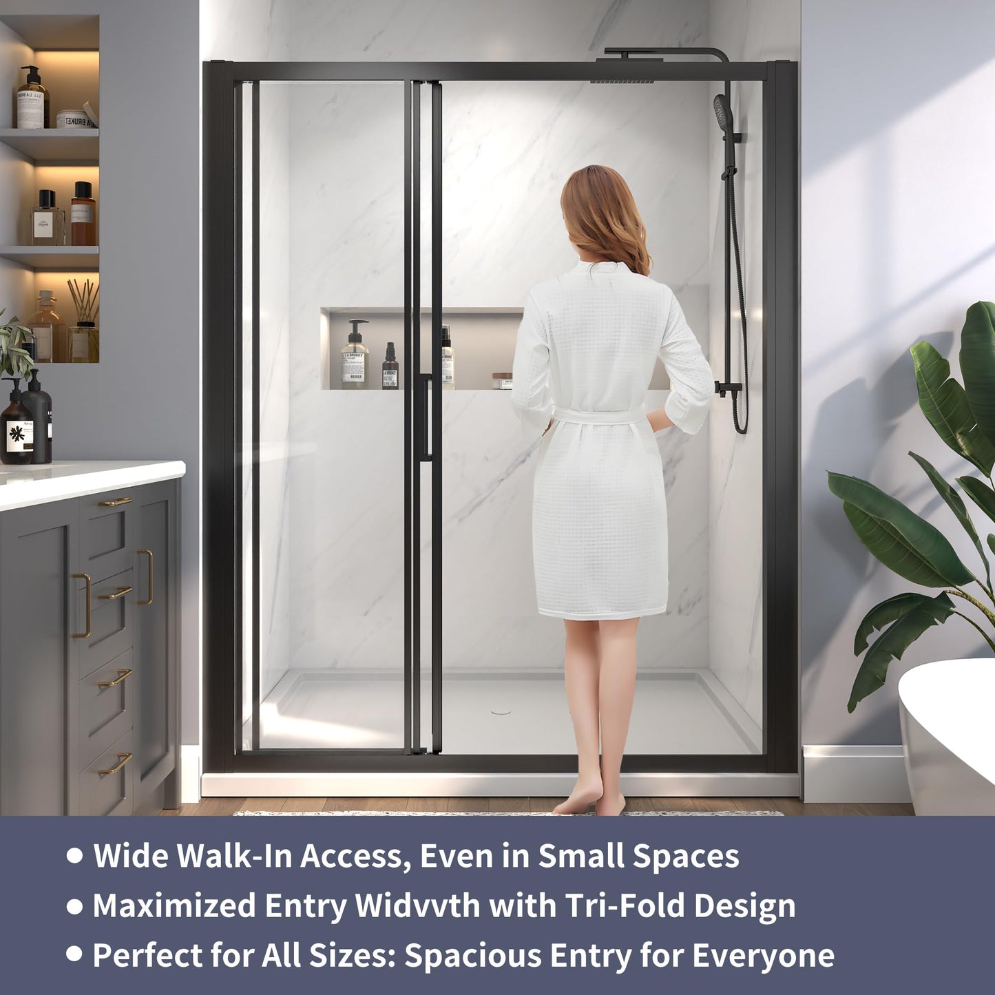 56"-60" W x 70" H Tri-Fold Sliding Shower Door, 1/4" (6mm) Clear SGCC Tempered Glass Shower Door with Easy-Clean Coating, 32 1/8" Walk-in, No-Cutting Adjustment, Reversible Installation, Matte Black