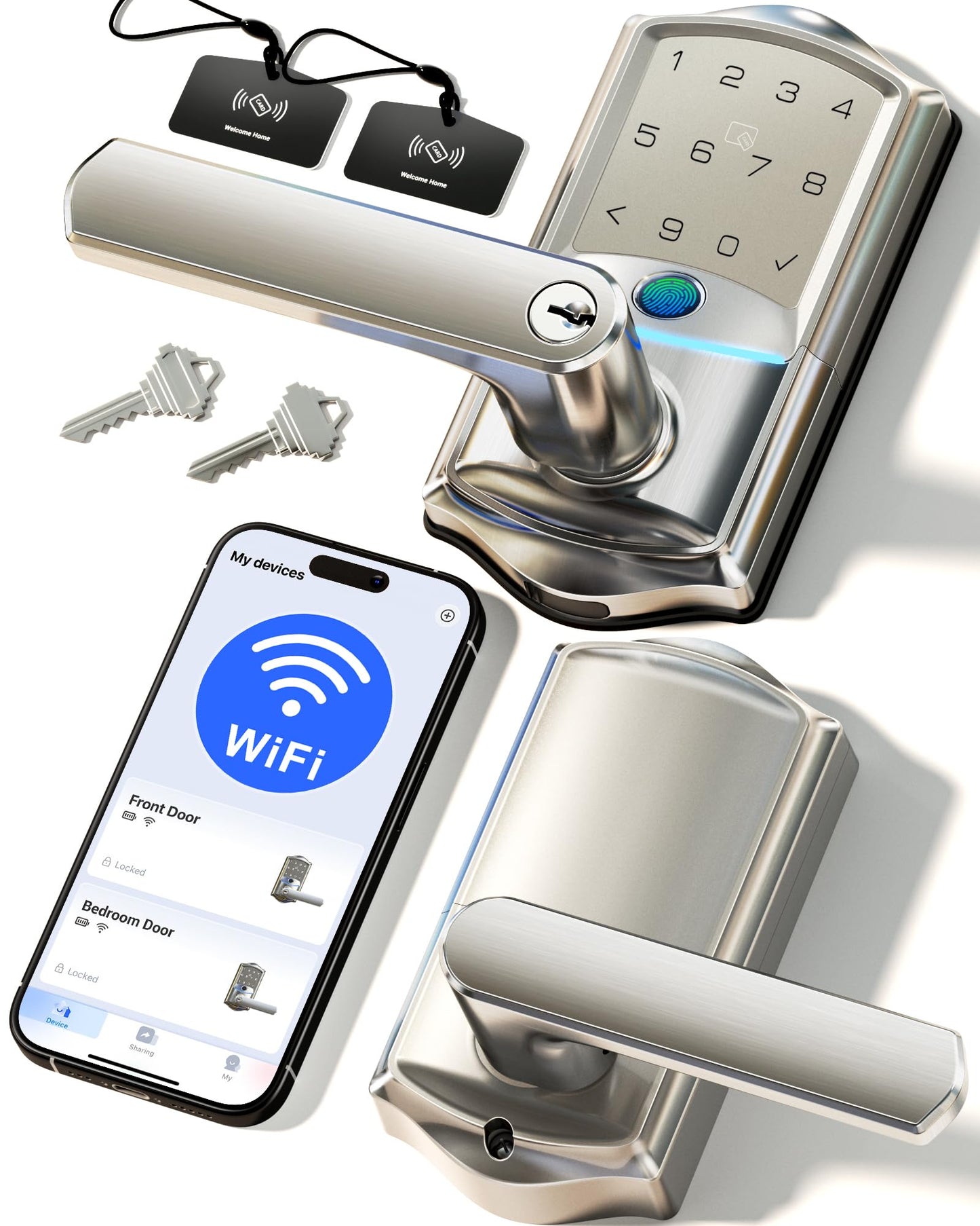 Veise VE029 WiFi Smart Lever Lock, Fingerprint Keyless Entry Door Lock with Handle, Built-in WiFi, Remote App Control, Electronic Digital Knob for Front Door and Bedroom, IP65 Waterproof, Satin Nickel