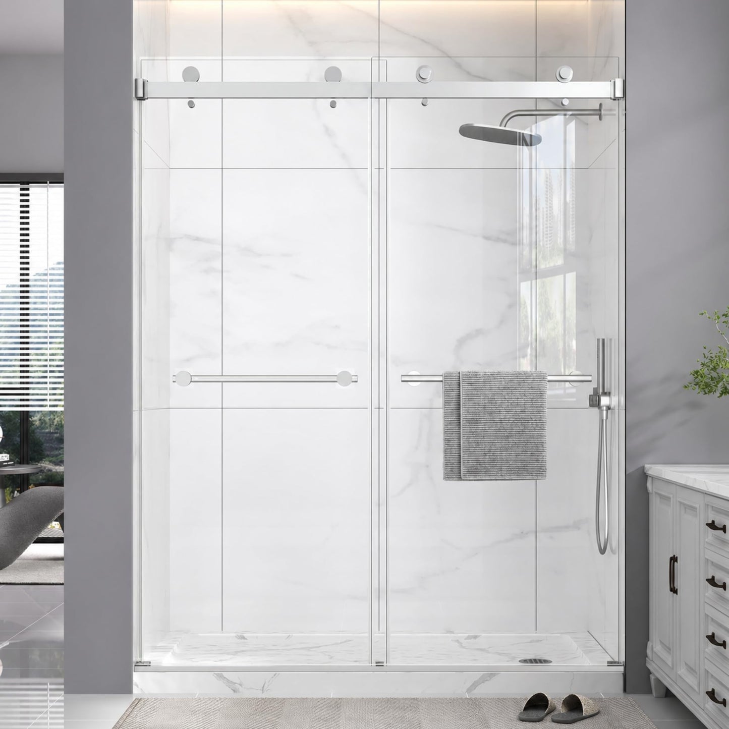 Frameless Double Sliding Shower Door 49-54" W x 72" H,1/4"(6mm) Tempered Glass with Safety Nano Explosion-Proof Film,Bypass Walk-in Shower Door,Brushed Nickel